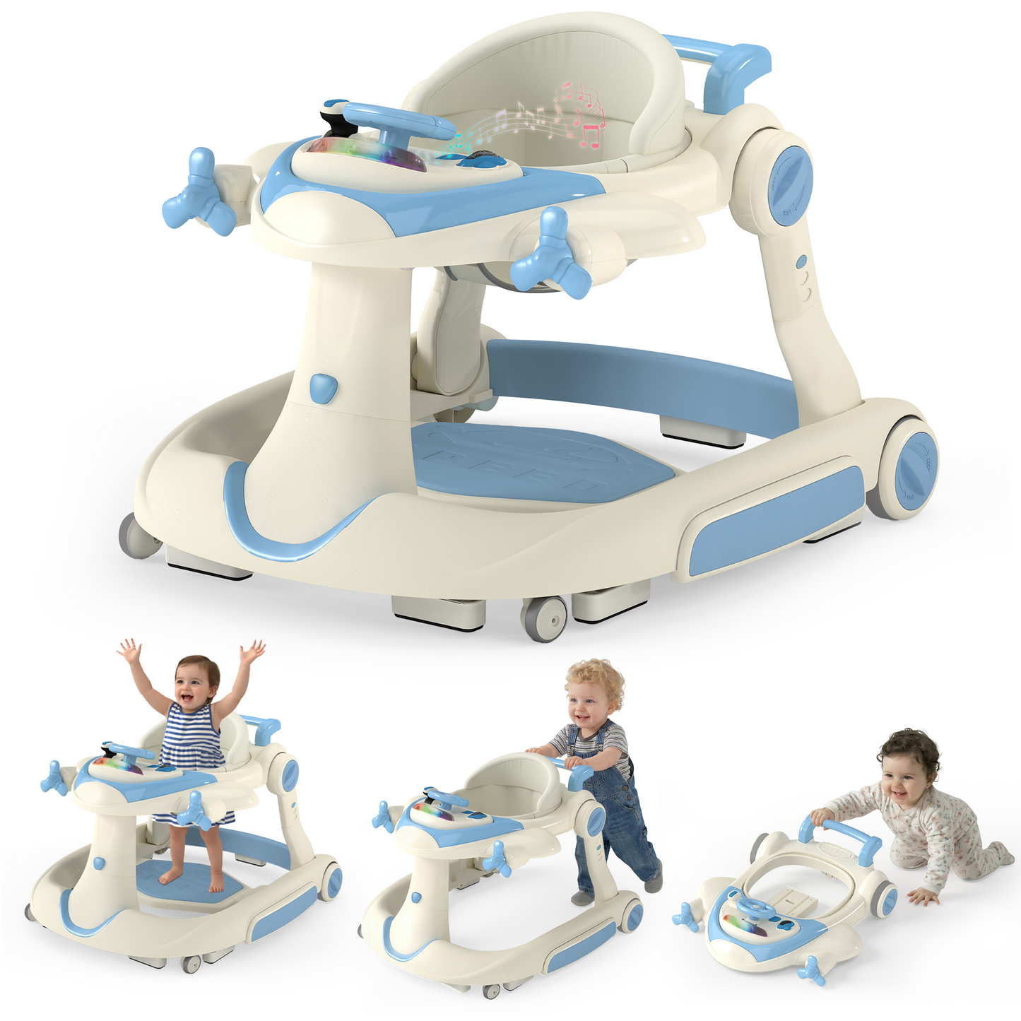 AILEEKISS 5-in-1 Musical Baby Walker with Wheels, Foldable Baby Walker for Boys Girls, Blue