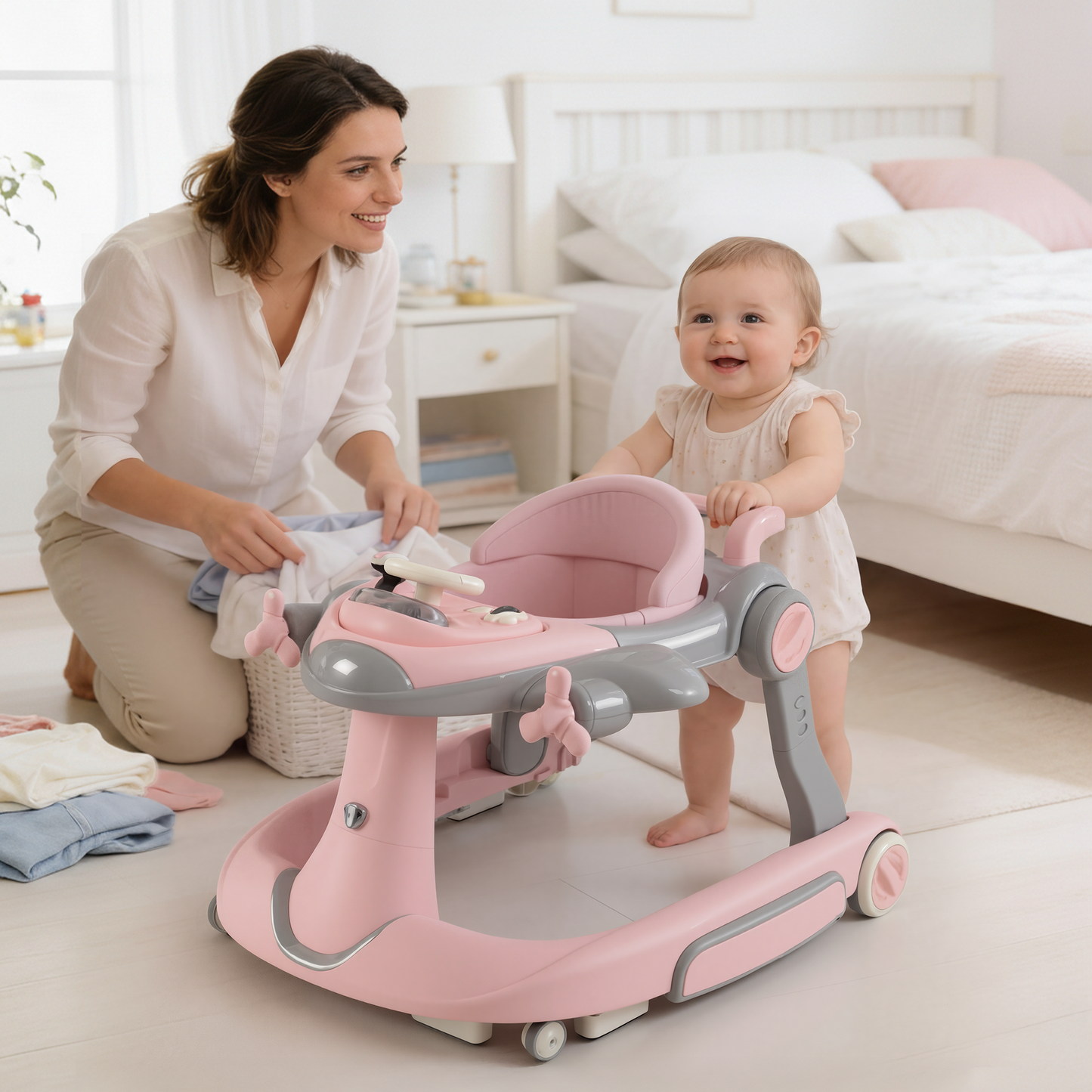 AILEEKISS 5-in-1 Musical Baby Walker with Wheels, Foldable Baby Walker for Boys Girls, Pink& Gray