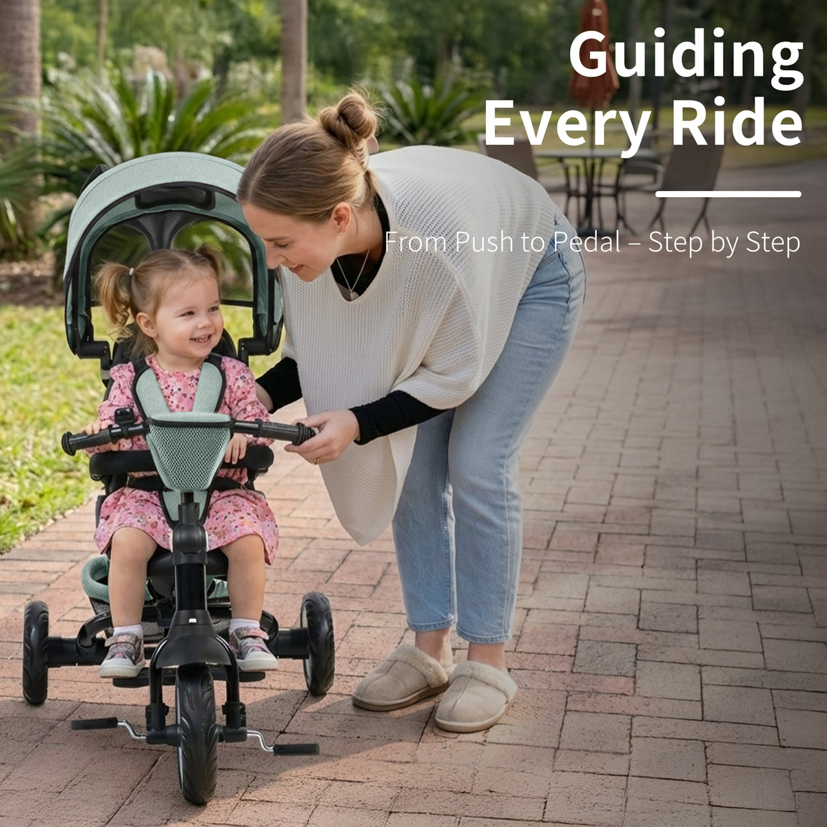 AILEEKISS 7-in-1 Kids' Tricycle with Push Handle, Foldable Trike Bicycles for Kids 1-5 Years, Green