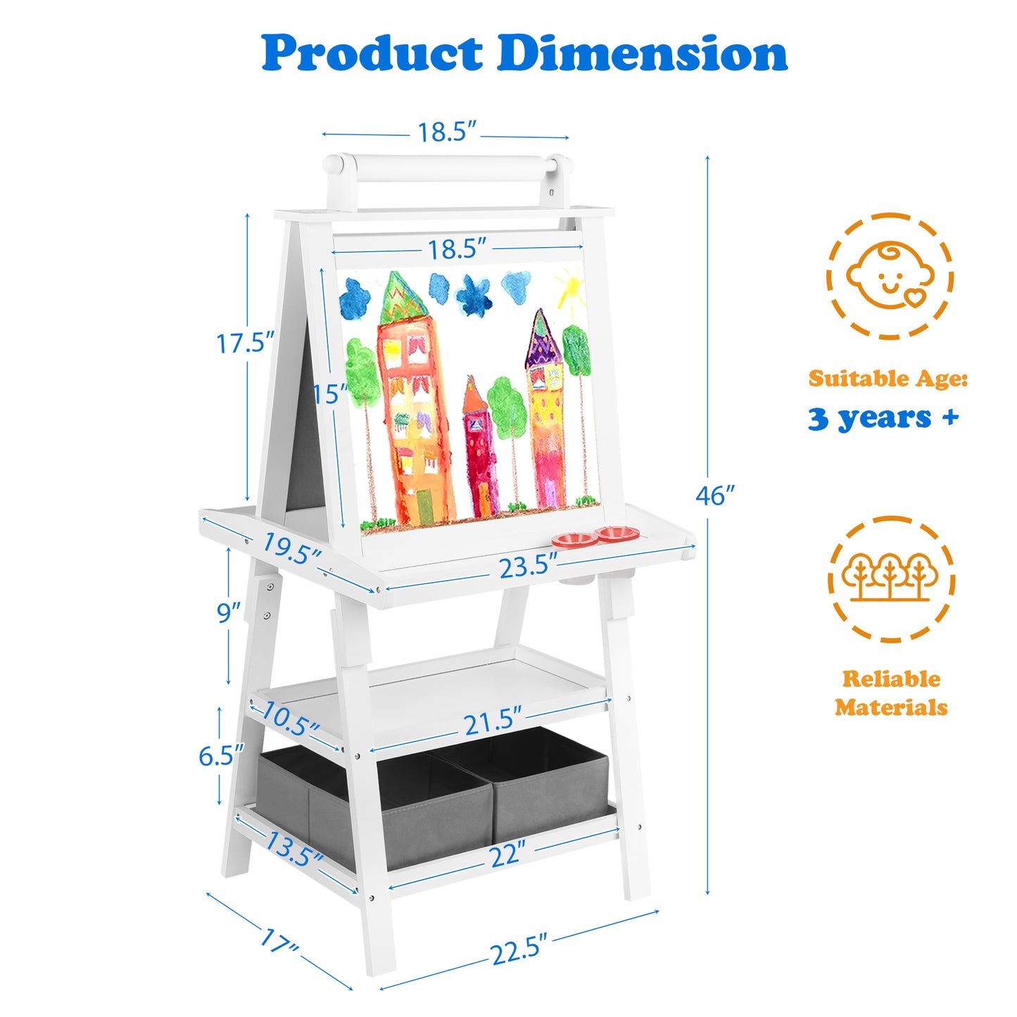 AILEEKISS 3 in 1 Kids Art Easel Drawing Board Double-Sided Whiteboard Chalkboard, White