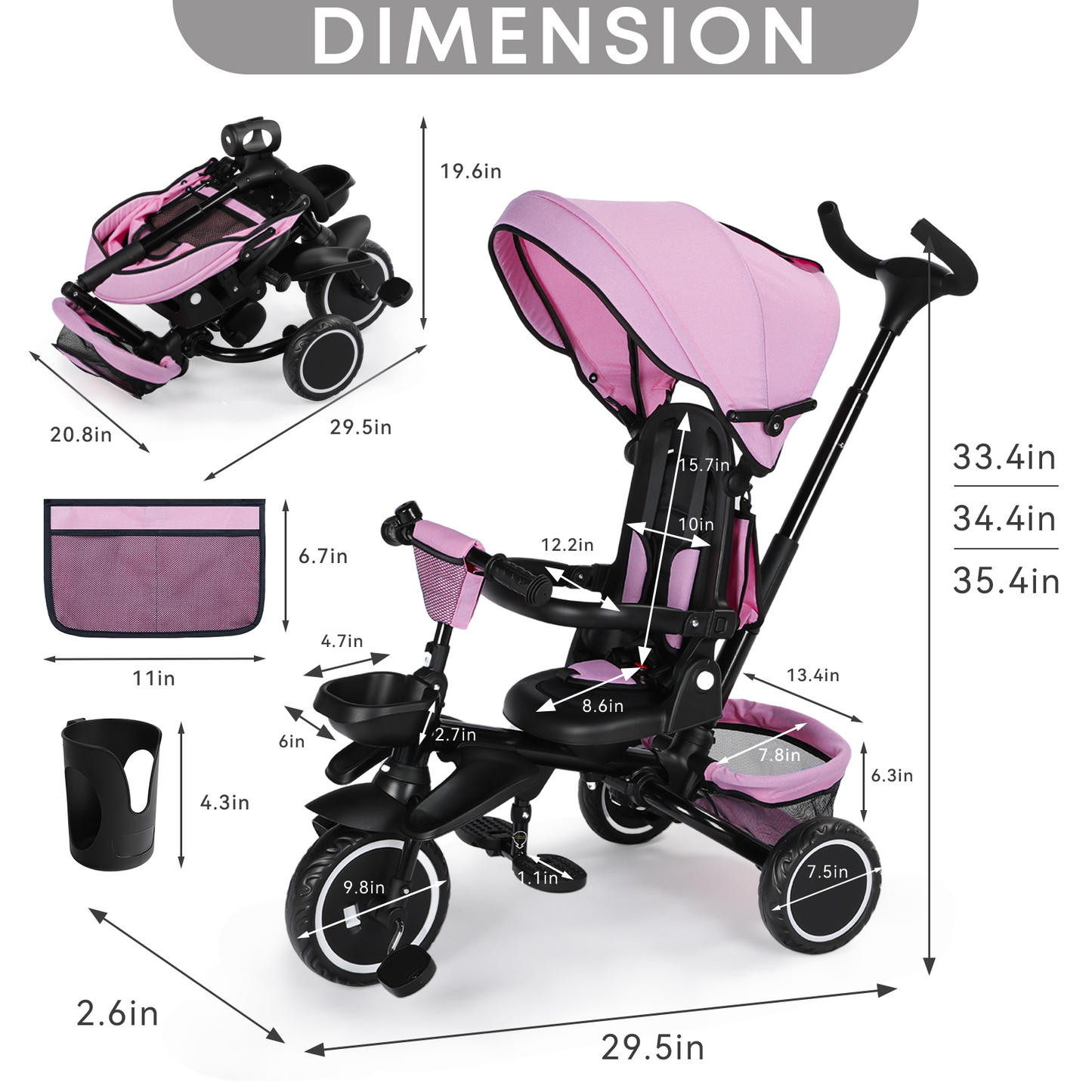 LINLUX 8 in 1 Kids Tricycle, Folding Toddler Trike with Push Handle, Tricycle for Kids, Pink