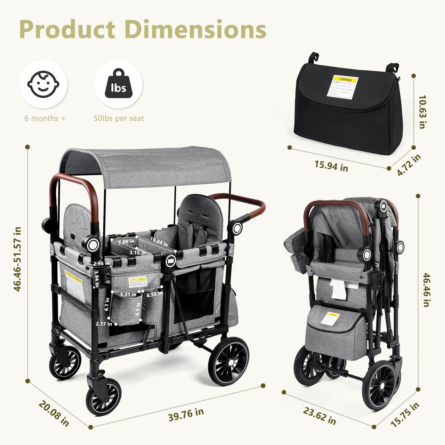 LINLUX 2 Kids Wagon Stroller, Foldable Outdoor 2-Seat Stroller Wagon, Removable Canopy, 55 Pound, Gray