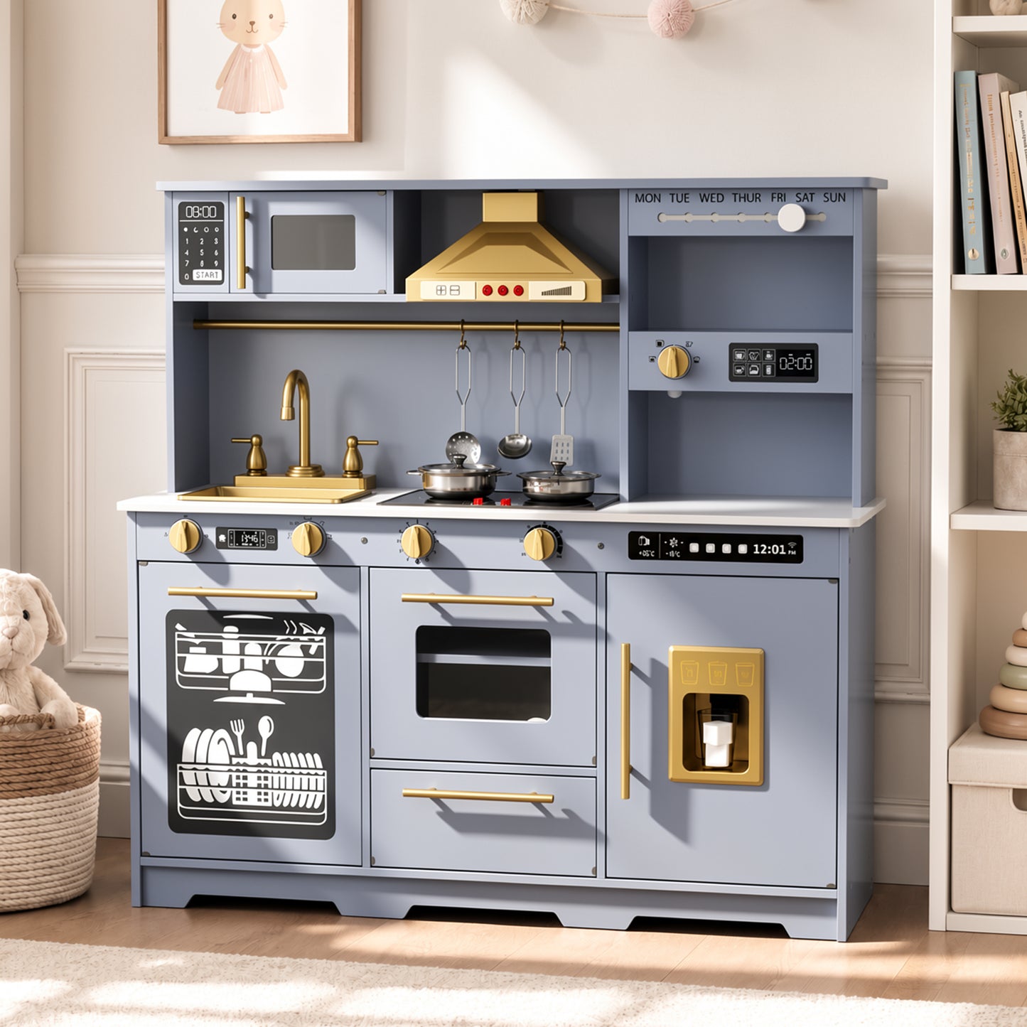 LINLUX Wooden Kids Kitchen Playset, Interactive Kitchen Toy with Sounds, Ice Maker & Oven, Blue