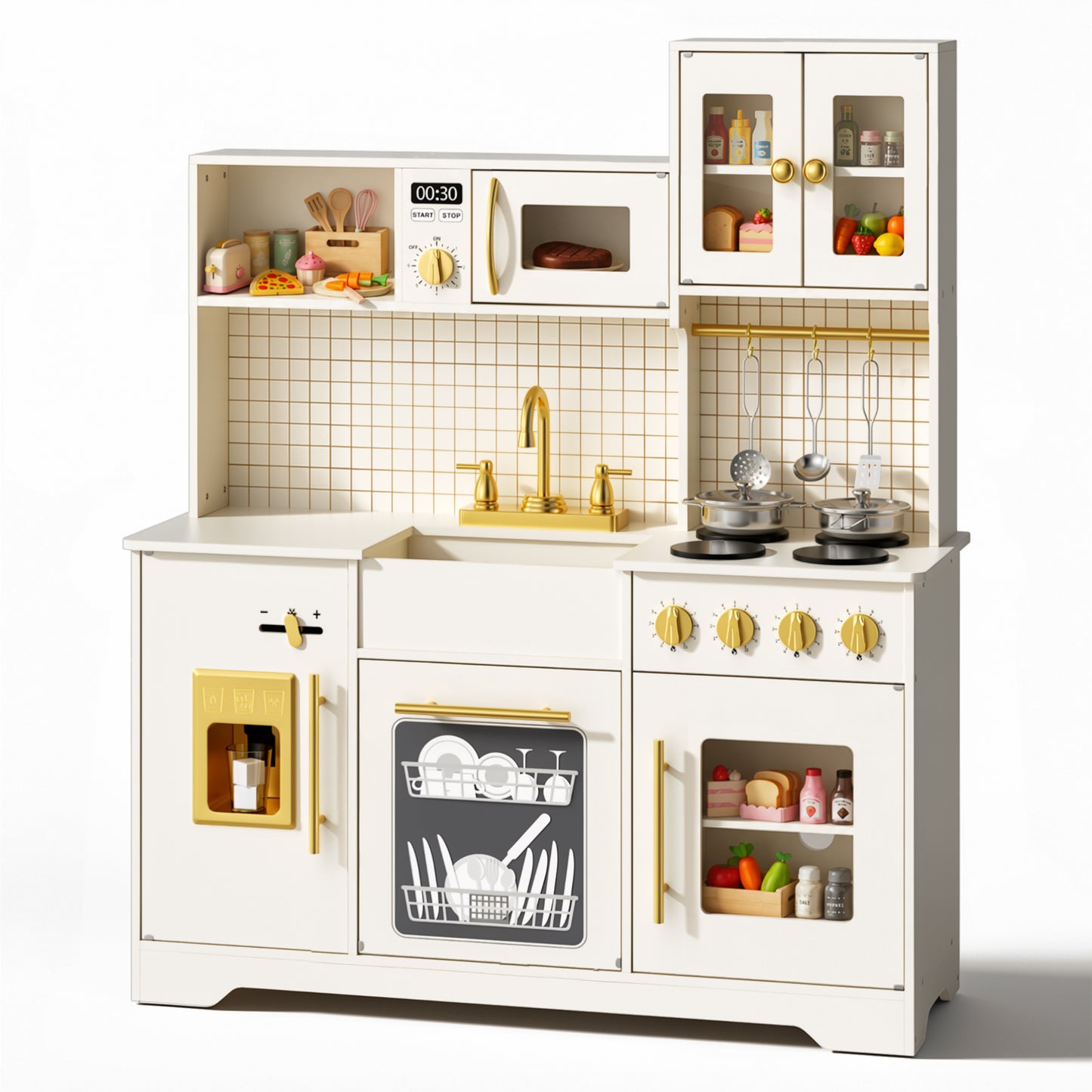 AILEEKISS Kids Kitchen Playset for Children, Realistic Pretend Kitchen Toy with Ice Maker, Beige