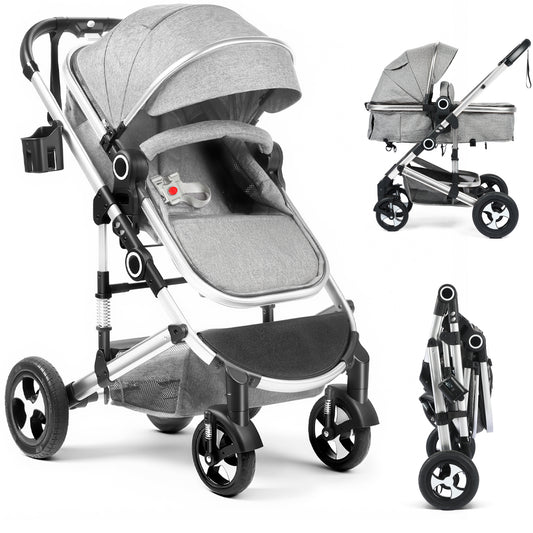 AILEEKISS 3 in 1 Convertible Baby Stroller, Unisex Folding Newborn Stroller with Big Seat, Light Grey