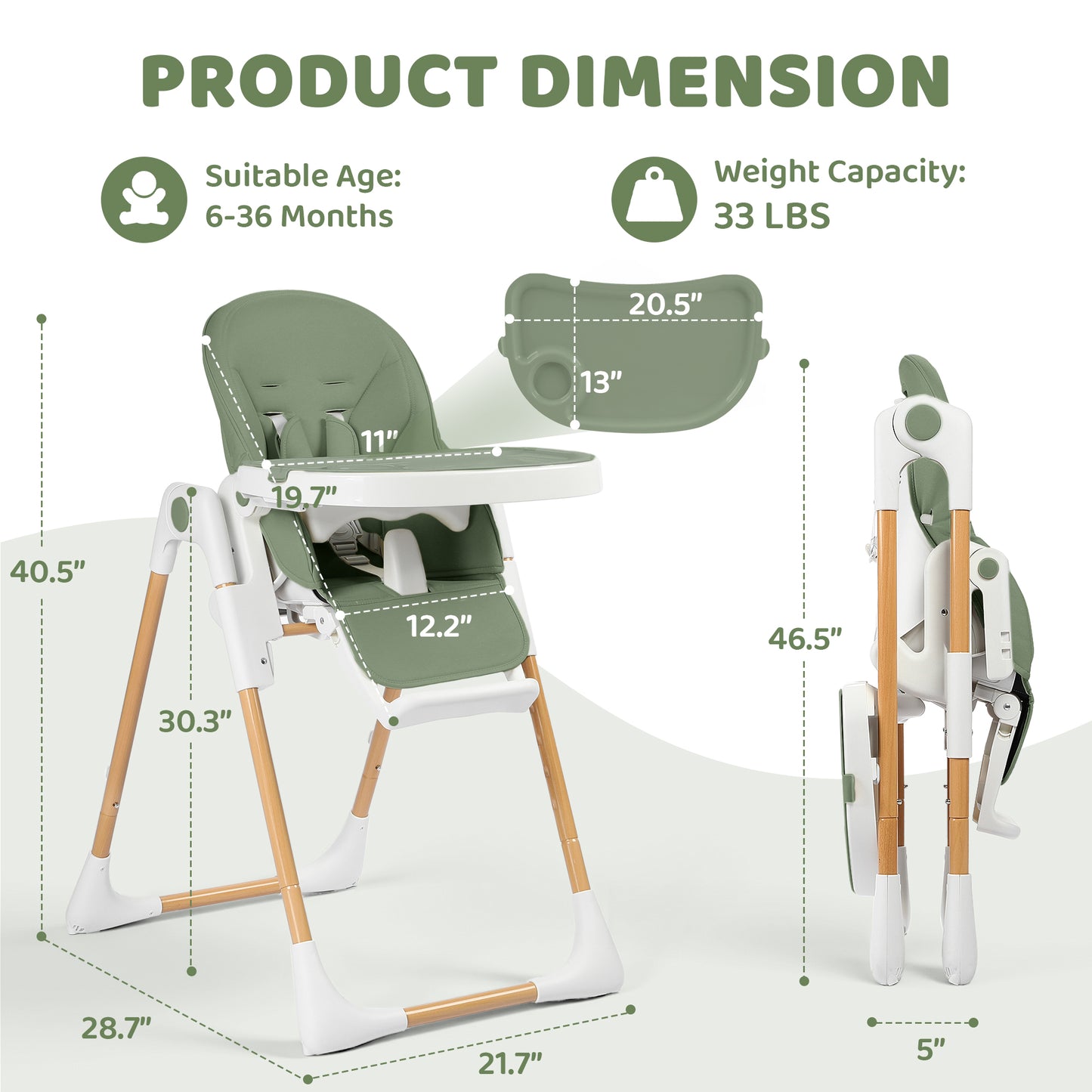 AILEEKISS Foldable High Chair for Baby, Toddler Eating Chair with Detachable Double Trays, Natural Green