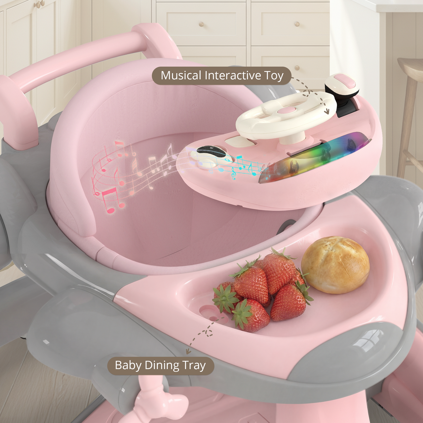 AILEEKISS 5-in-1 Musical Baby Walker with Wheels, Foldable Baby Walker for Boys Girls, Pink& Gray