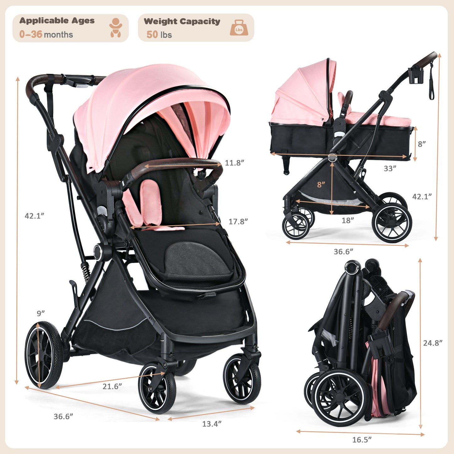 Baby Stroller, 3 in 1 Folding Infant Stroller & Unisex Bassinet Stroller for Newborn, Pink