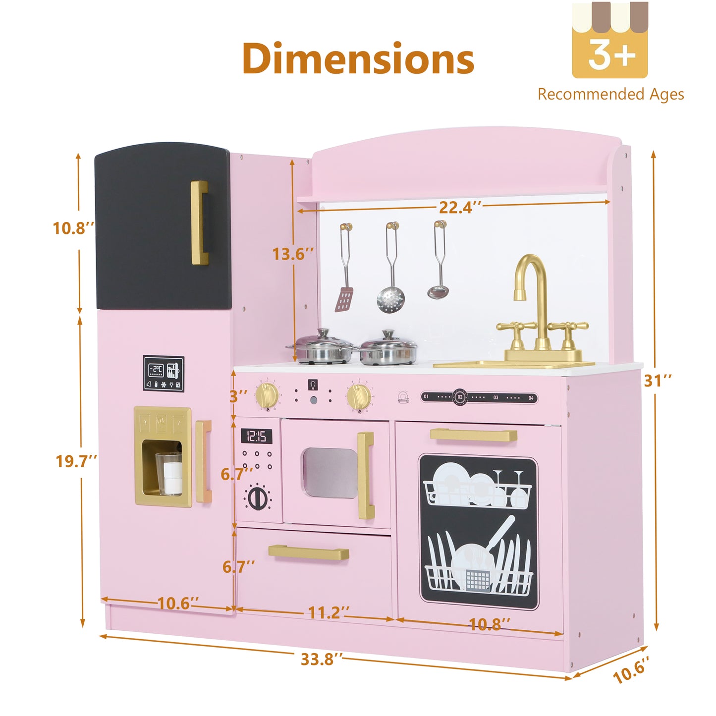 AILEEKISS Wood Kids Play Kitchen, Pretend Kitchen Playset for Children Age 3 Years up, Pink
