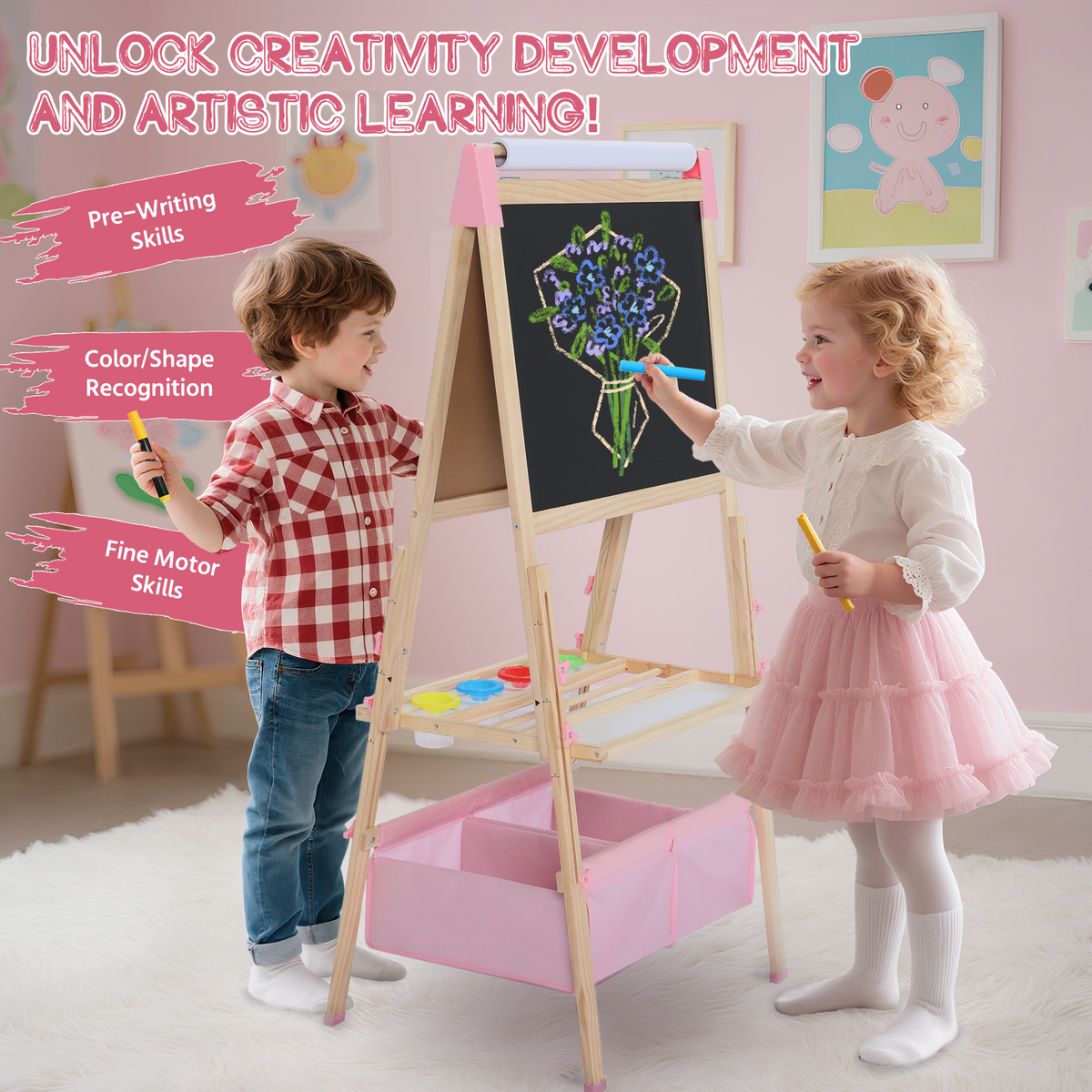 AILEEKISS Kids Art Easel Double-Sided Art Easel with Whiteboard and Chalkboard for Painting, Pink