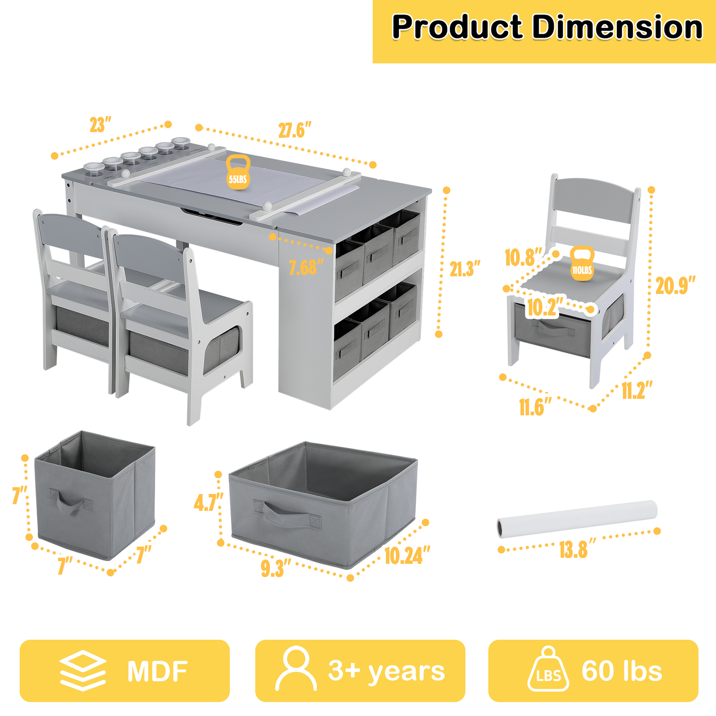 LINLUX 3 in 1 Kid Table & Chair Set Drawing, Child Activity Table, Kids Table Set Painting, Gray