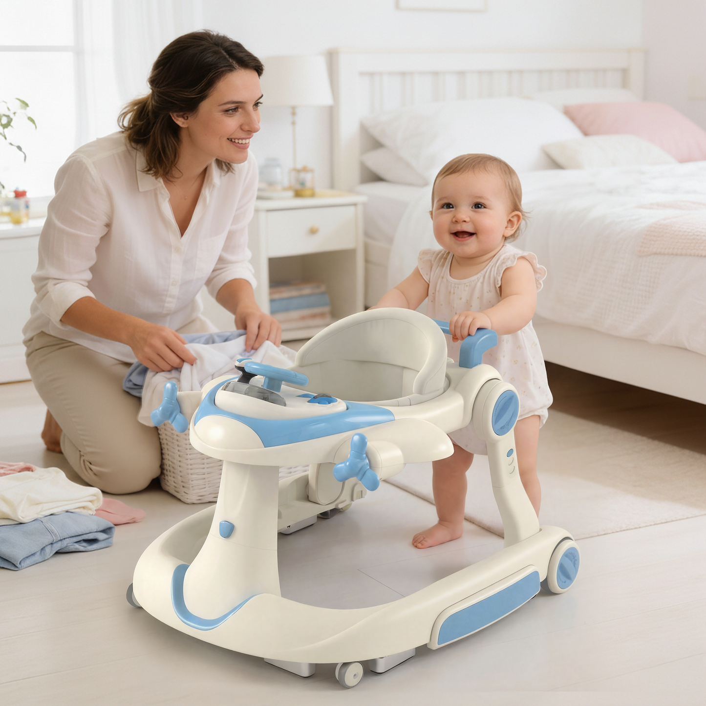 AILEEKISS 5-in-1 Musical Baby Walker with Wheels, Foldable Baby Walker for Boys Girls, Blue