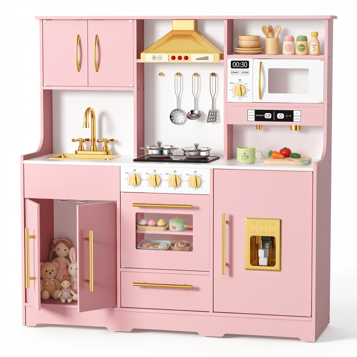 AILEEKISS Wood Kids Play Kitchen, Pretend Kitchen Playset for Children Age 3 Years up, Pink