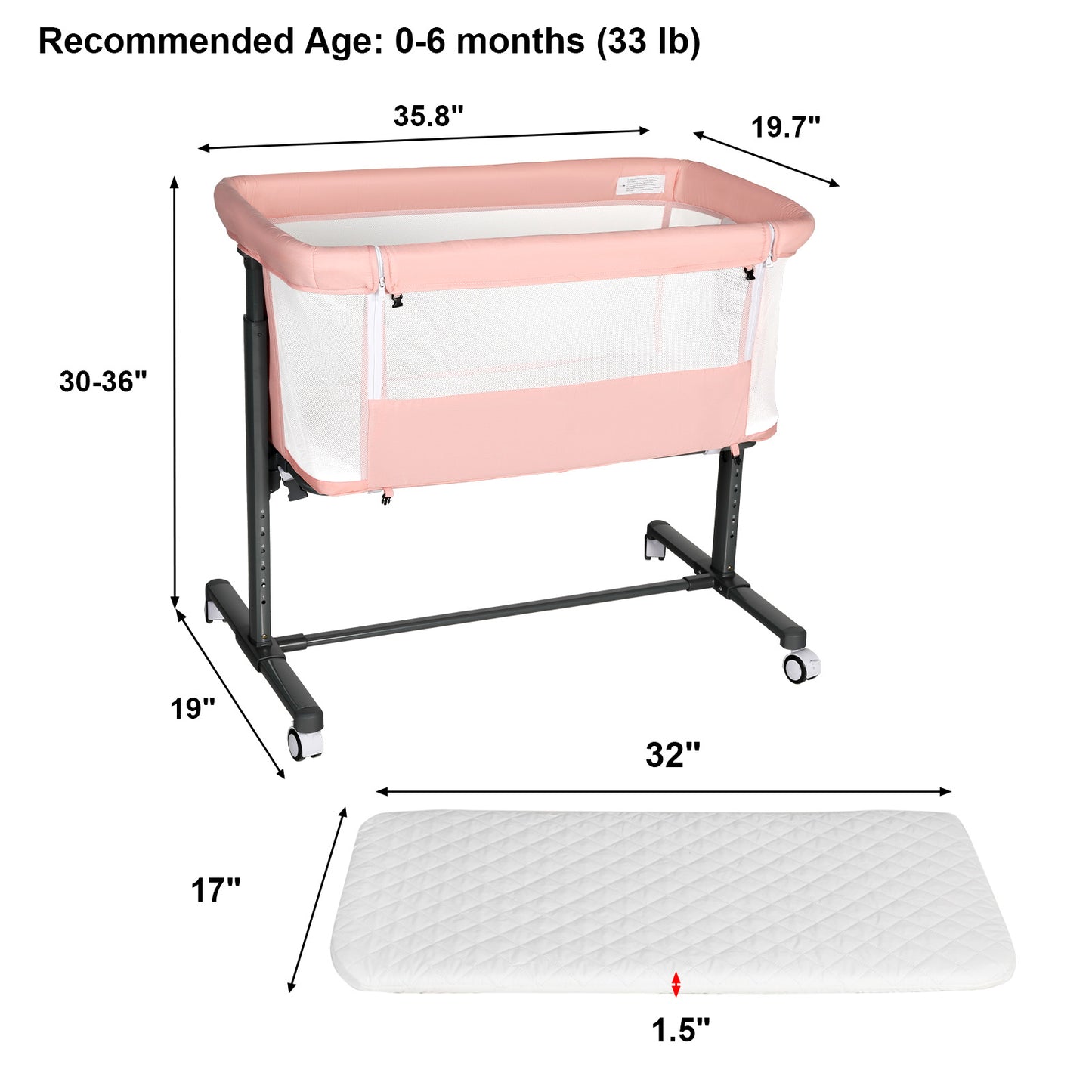 Baby Bassinet Bedside Sleeper, Height Adjustable Newborn Baby Bassinet with Wheels, Pink