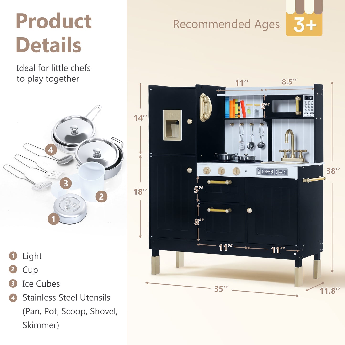 LINLUX Wooden Kids Play Kitchen, Toy Kitchen Playset For Toddler, Realistic Kitchen Sets Baby, Black