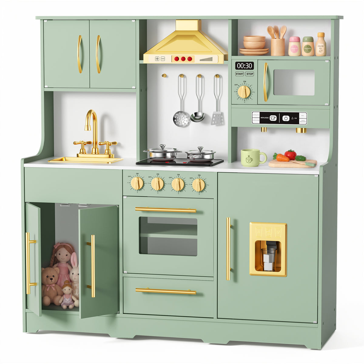 AILEEKISS Wood Kids Play Kitchen, Pretend Kitchen Playset for Children Age 3 Years up, Green