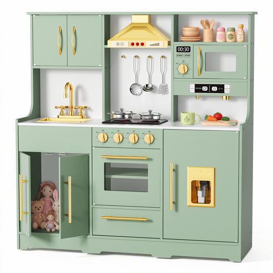 AILEEKISS Wood Kids Play Kitchen, Pretend Kitchen Playset for Children Age 3 Years up, Green