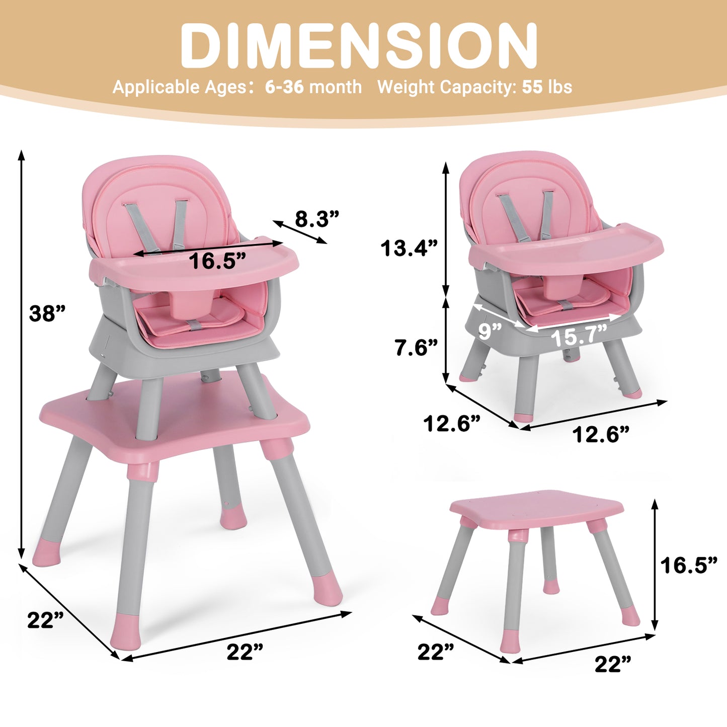 AILEEKISS 8 in 1 Baby High Chair, Toddler Dining Booster Seat for Eating, Pink Grey