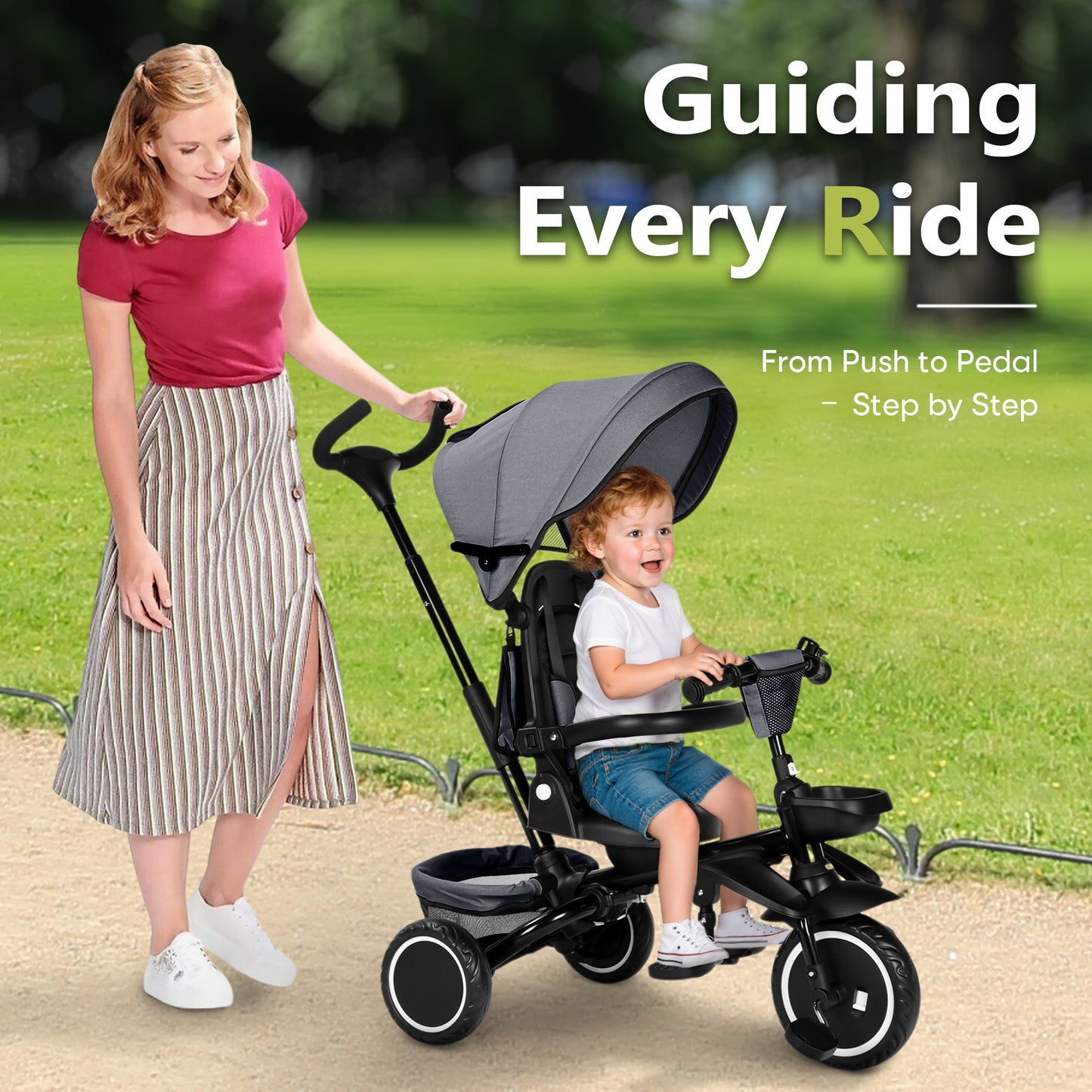 AILEEKISS 8-in-1 Kids' Tricycle Stroller, Toddler Bicycle Unisex Ride Trike 1-6 Years, Grey