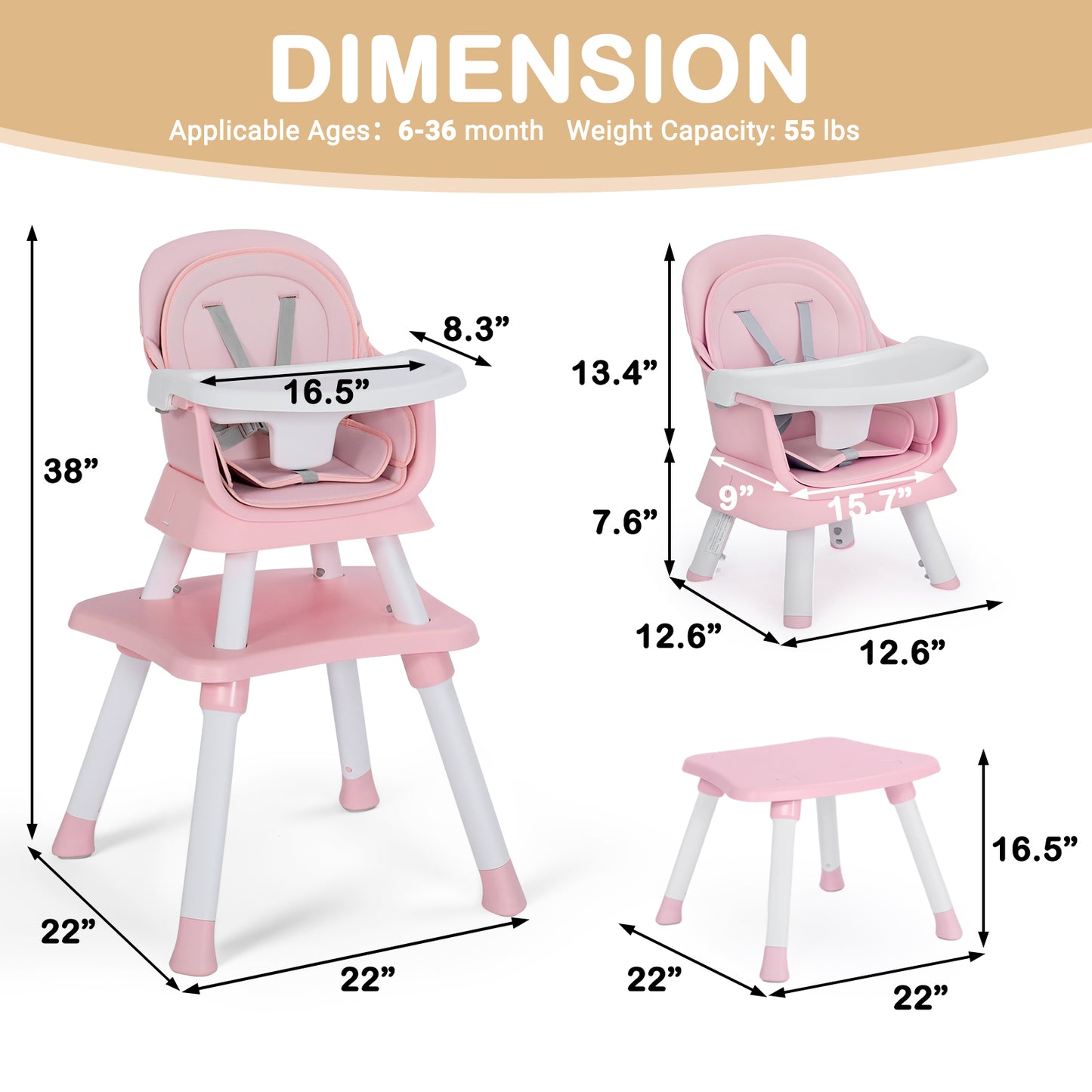 AILEEKISS 8 in 1 Baby High Chair, Toddler Dining Booster Seat for Eating, Pink White