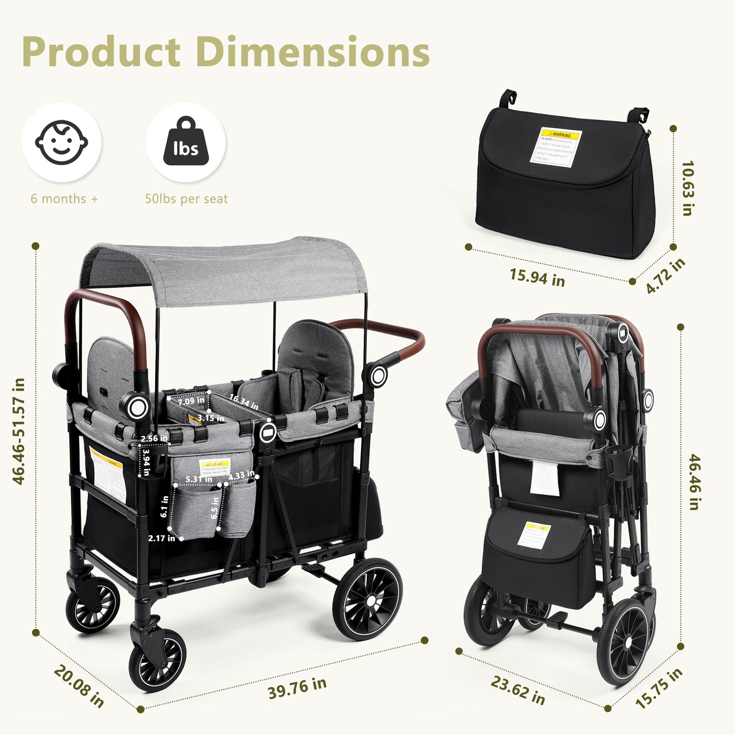 LINLUX 2 Kids Wagon Stroller, Foldable Outdoor 2-Seat Stroller Wagon, Removable Canopy, 55 Pound, Black
