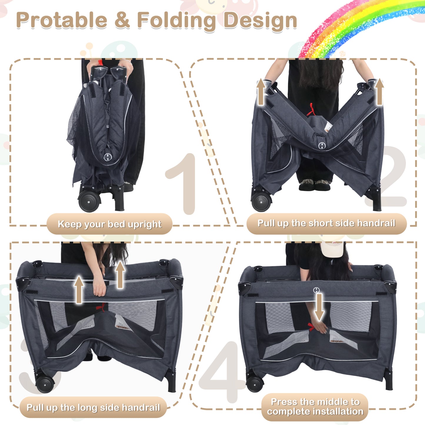 AILEEKISS 3-in-1 Nursery Center, Foldable Baby Playard with Changing Table for Newborn, Dark Grey