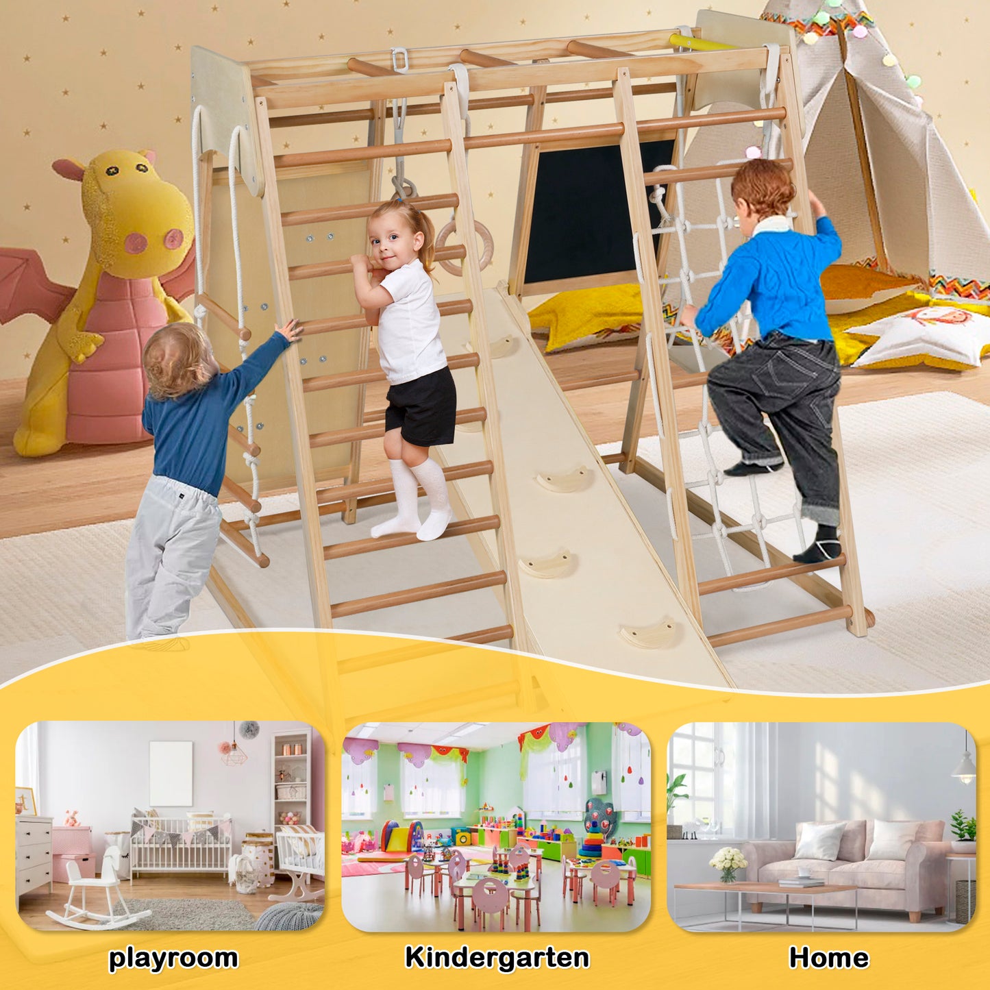Toddler Climbing Set, 10 in 1 Kids Climber Slide Playset with Ladder/Ramp/Monkey Bar/Drawing Board, Indoor Wooden Jungle Gym, Natural