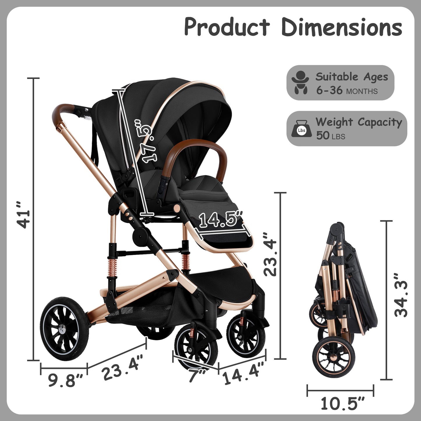 AILEEKISS 2-in-1 Baby Stroller with Adjustable Seat, Foldable Stroller for Toddler, 26 Pounds, Black