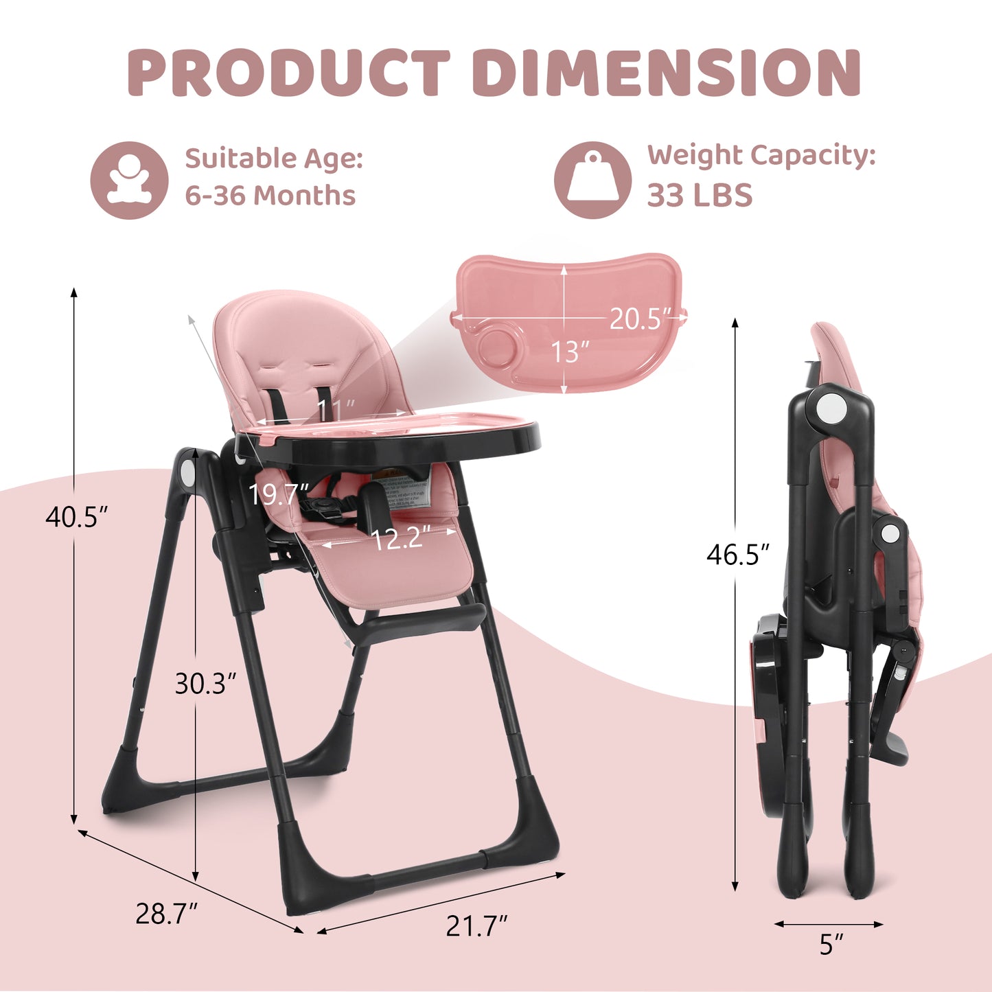 AILEEKISS Foldable High Chair for Baby, Toddler Eating Chair with Detachable Double Trays, Black Pink