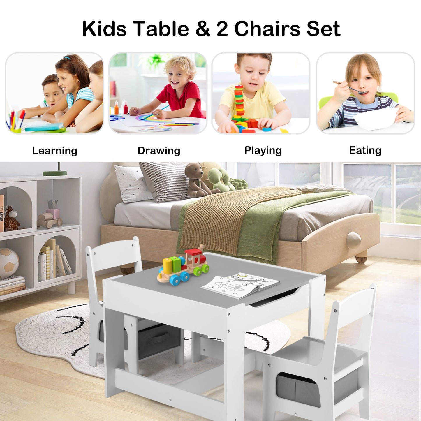 LINLUX Kids Table and 2 Chairs Set, Children Activity Table Chairs with Chalkboard/Whiteboard, Grey