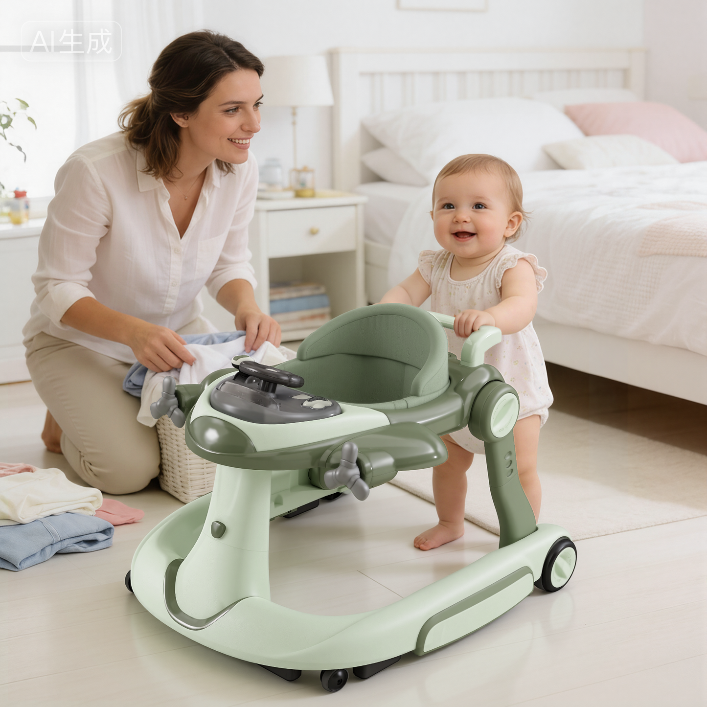 AILEEKISS 5-in-1 Musical Baby Walker with Wheels, Foldable Baby Walker for Boys Girls, Green