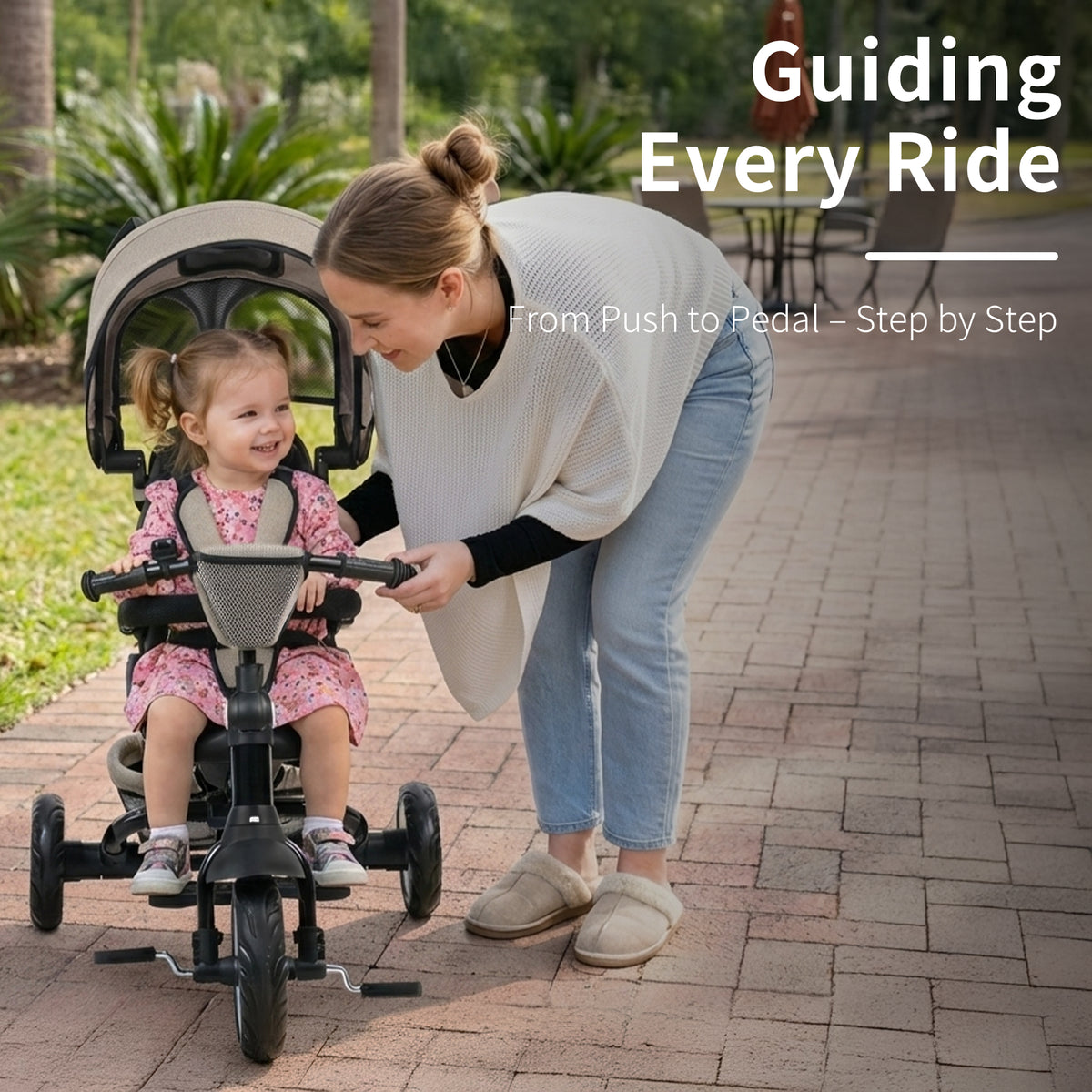 AILEEKISS 7-in-1 Kids' Tricycle with Push Handle, Foldable Trike Bicycles for Kids 1-5 Years, Khaki