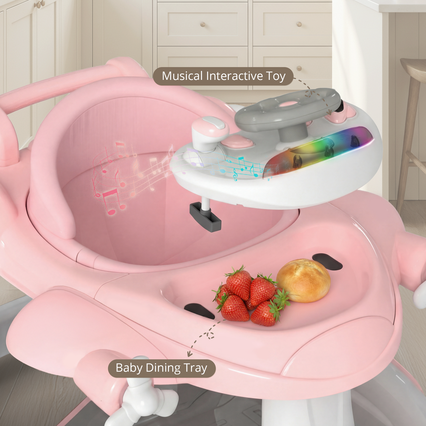 AILEEKISS 5-in-1 Musical Baby Walker with Wheels, Foldable Baby Walker for Boys Girls, Pink& Beige