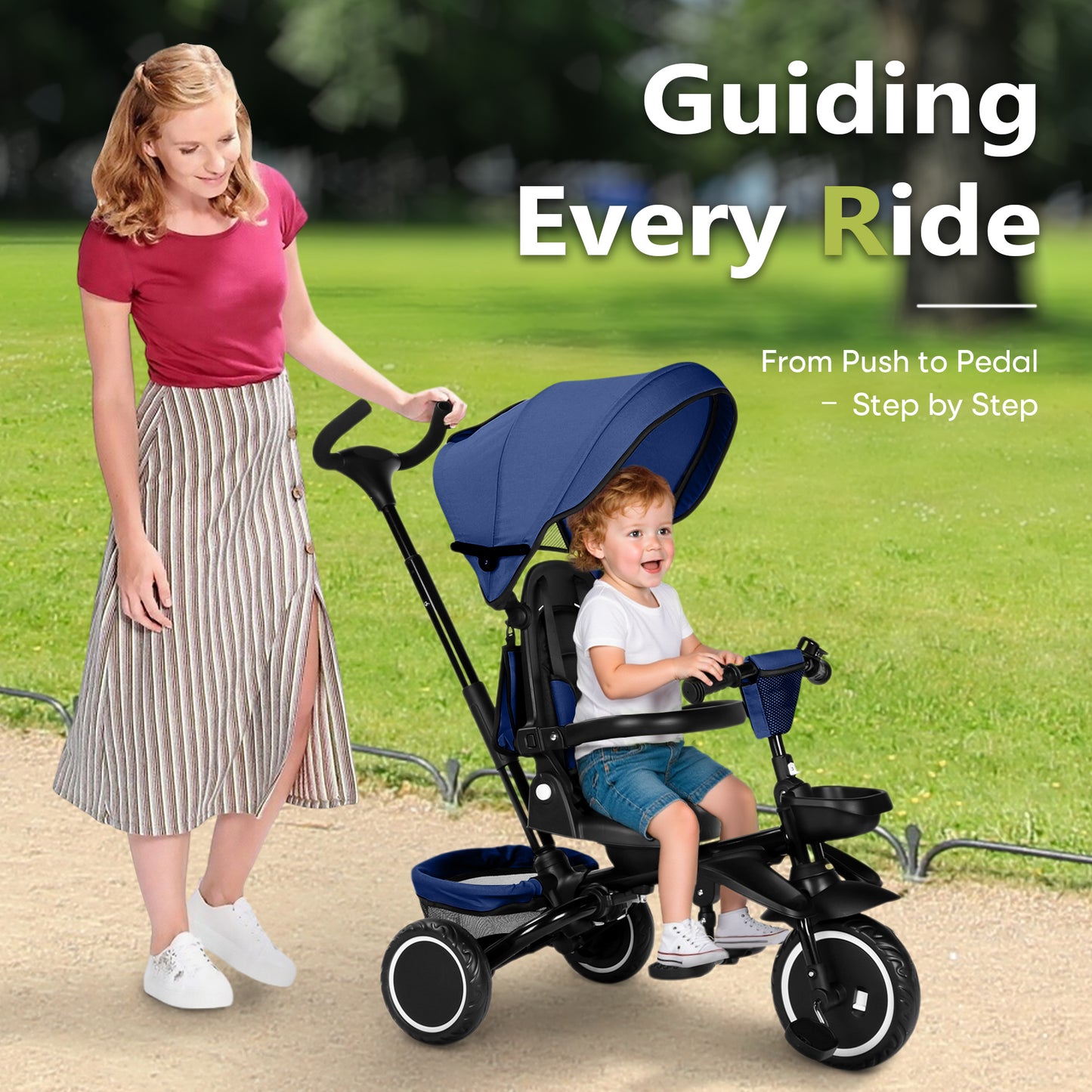 AILEEKISS 8-in-1 Kids' Tricycle Stroller, Folding Toddler Bicycle Unisex Ride Trike 1-6 Years, Blue