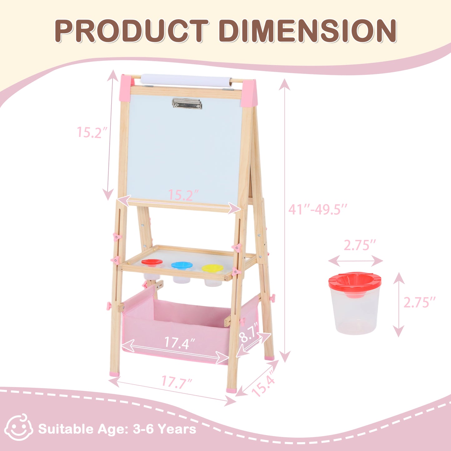 LINLUX Double-Sided Art Easel for Kids, 3 in 1 Wooden Kids Easel w/Paper Roller & Art Supplies, Pink