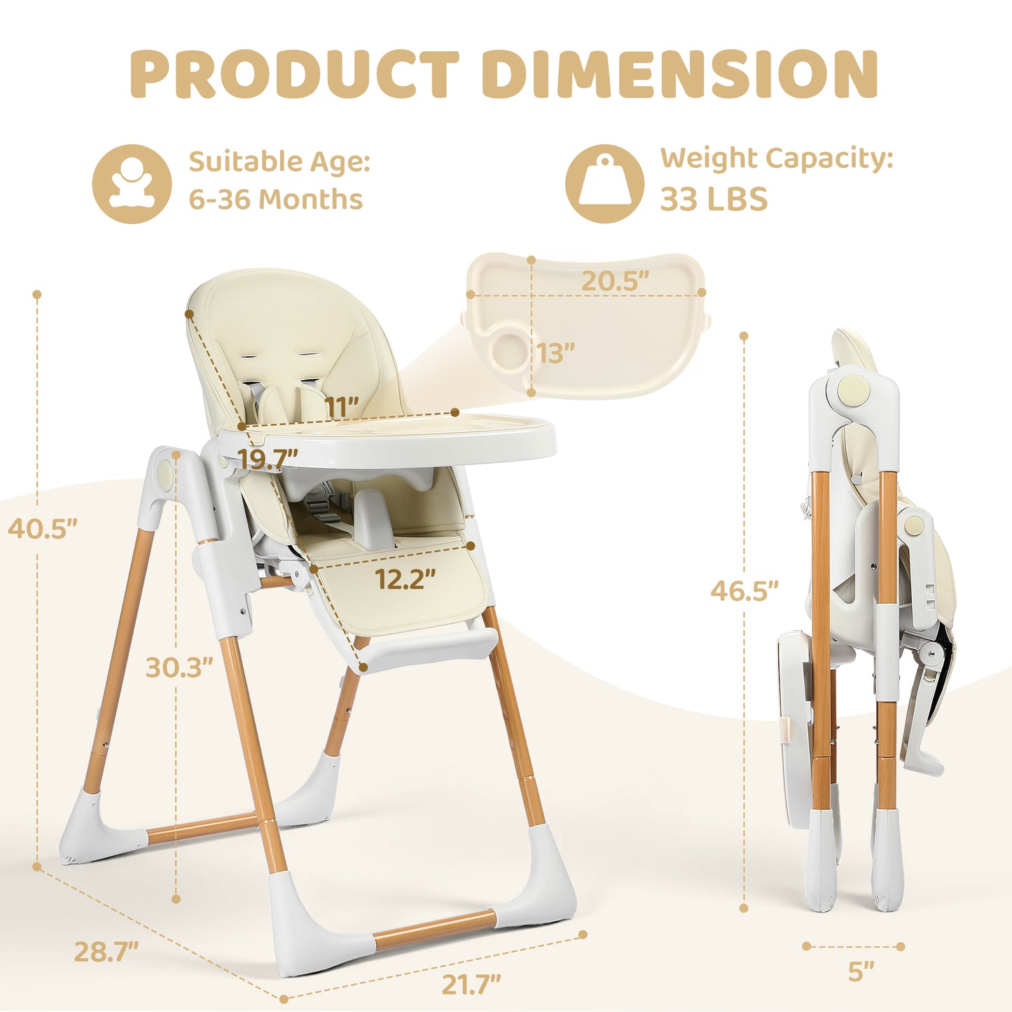 AILEEKISS Foldable High Chair for Baby, Toddler Eating Chair with Detachable Double Trays, Natural Beige