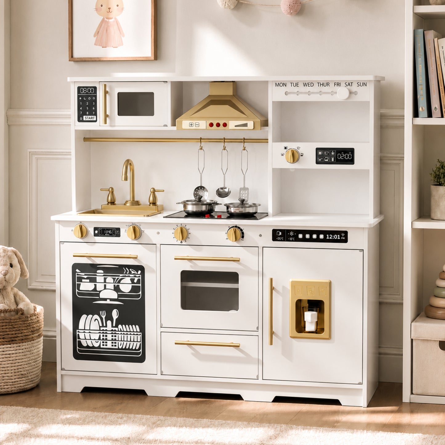 LINLUX Wooden Kids Kitchen Playset, Interactive Kitchen Toy with Sounds, Ice Maker & Oven, White