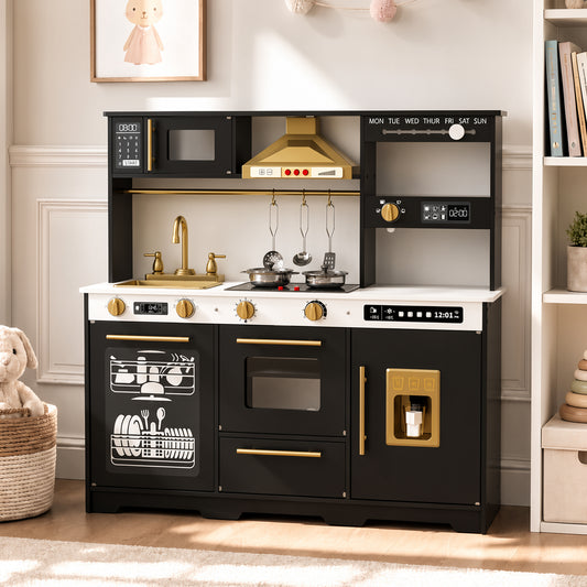 LINLUX Wooden Kids Kitchen Playset, Interactive Kitchen Toy with Sounds, Ice Maker & Oven, Black