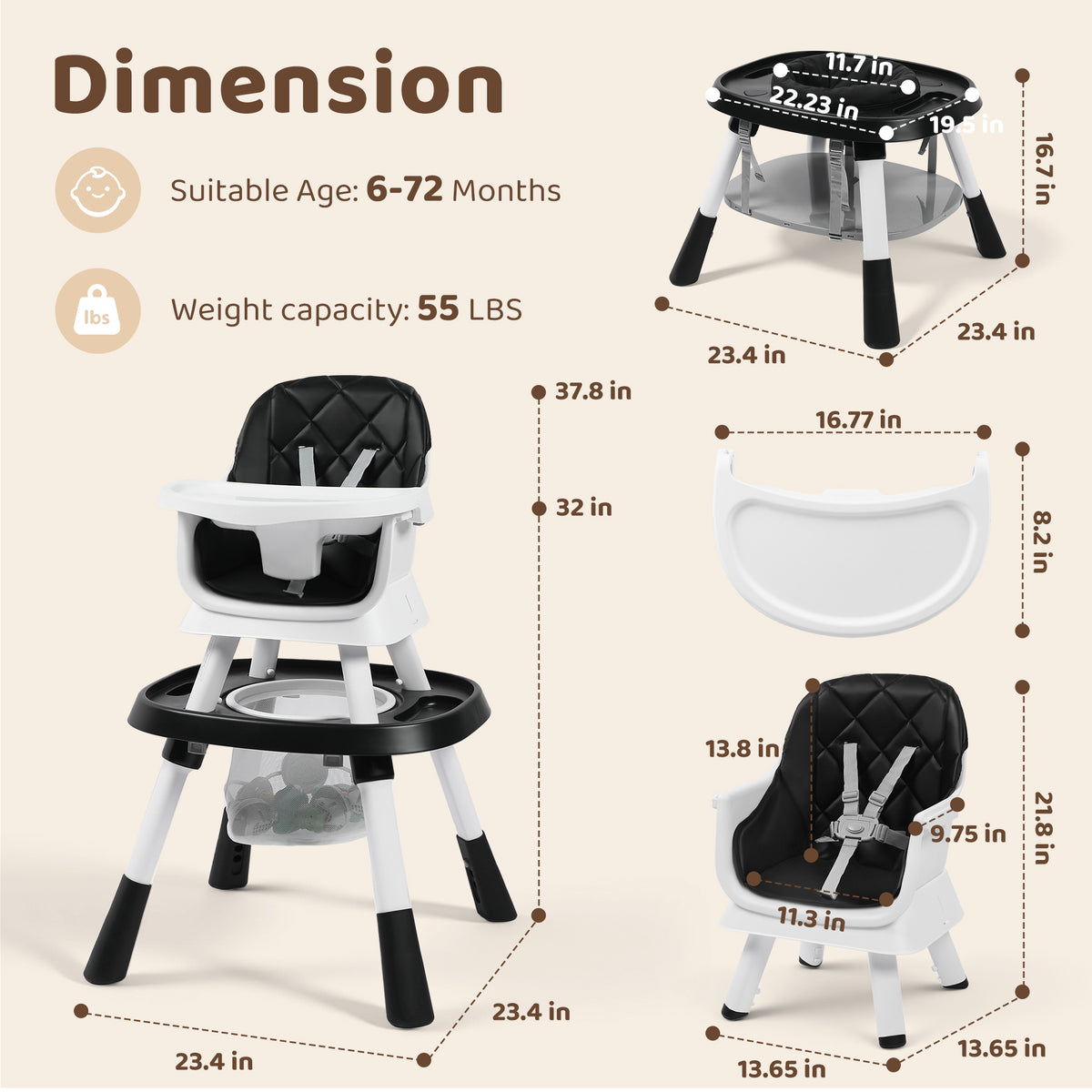 AILEEKISS 15 in 1 Baby High Chair, Toddler Dining Booster Seat w/Activity Center, Black