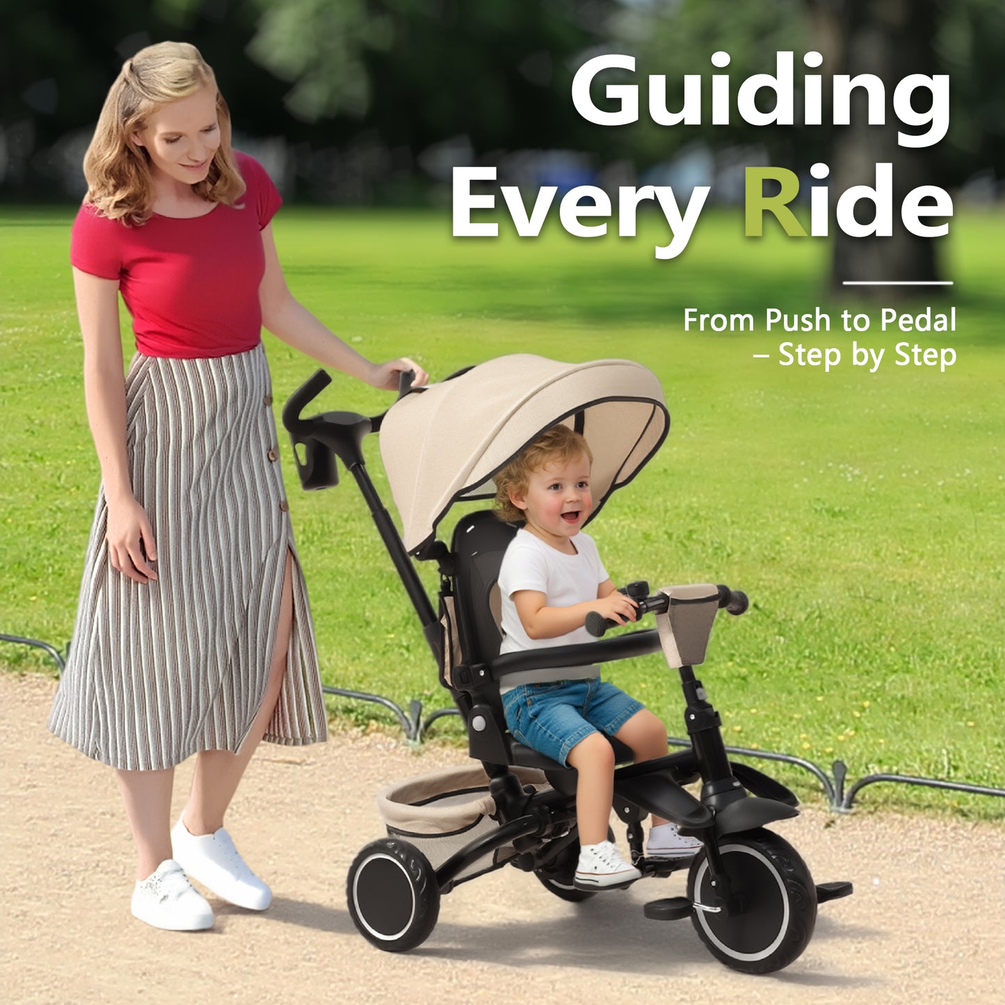 AILEEKISS 8-in-1 Kids' Tricycle Stroller, Folding Toddler Bicycle Unisex Ride Trike 1-6 Years, Khaki