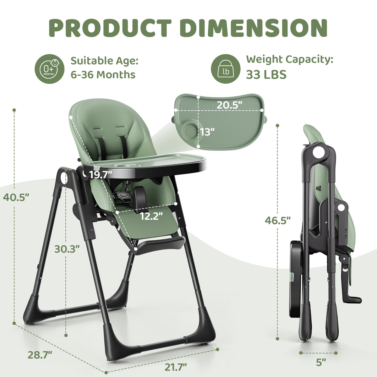 AILEEKISS Foldable High Chair for Baby, Toddler Eating Chair with Detachable Double Trays, Green