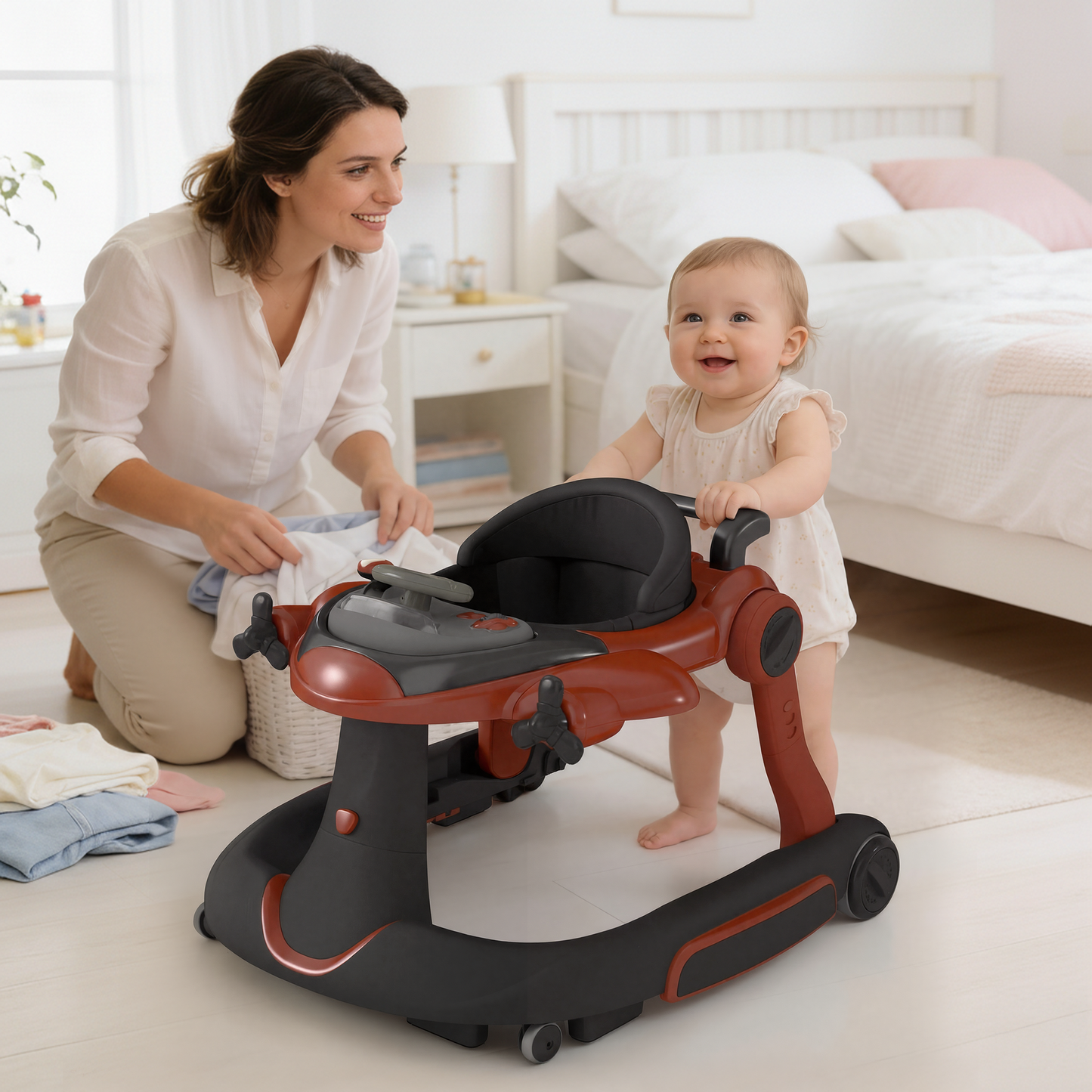AILEEKISS 5-in-1 Musical Baby Walker with Wheels, Foldable Baby Walker for Boys Girls, Red