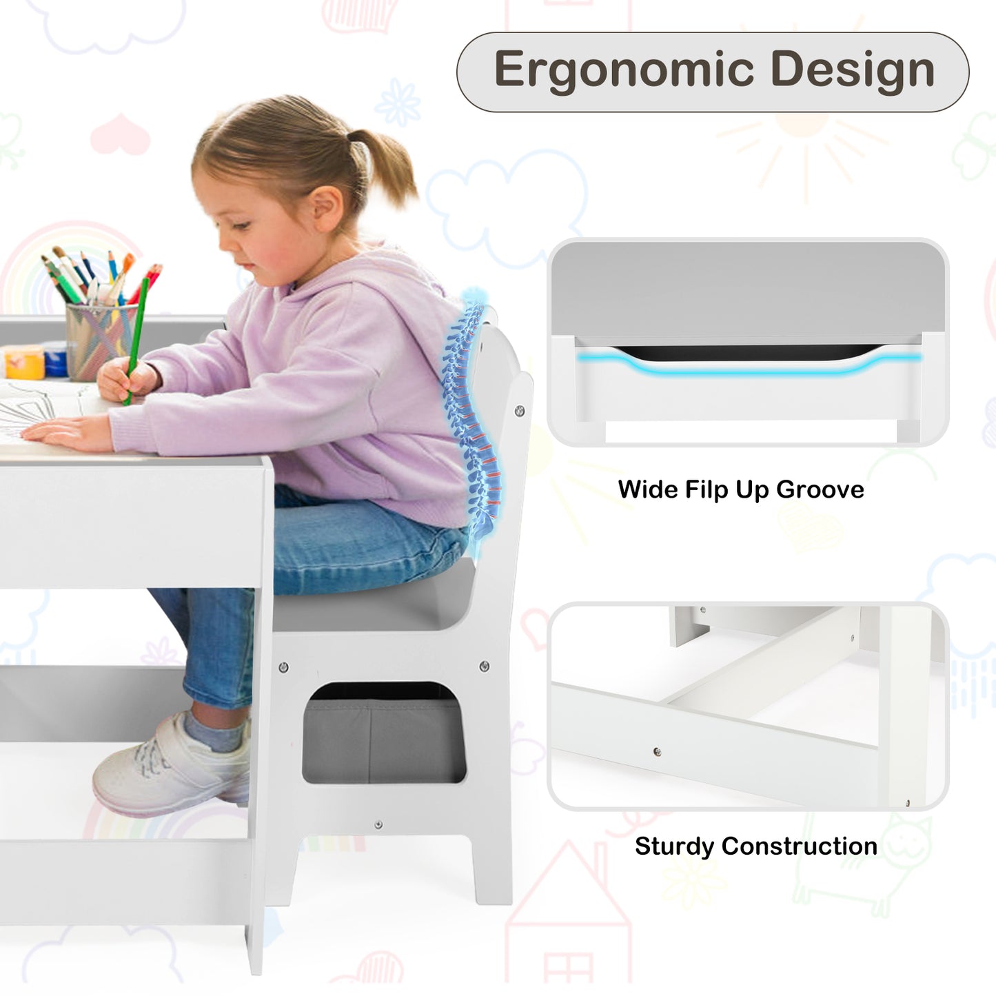 LINLUX Kids Table and 2 Chairs Set, Children Activity Table Chairs with Chalkboard/Whiteboard, Grey