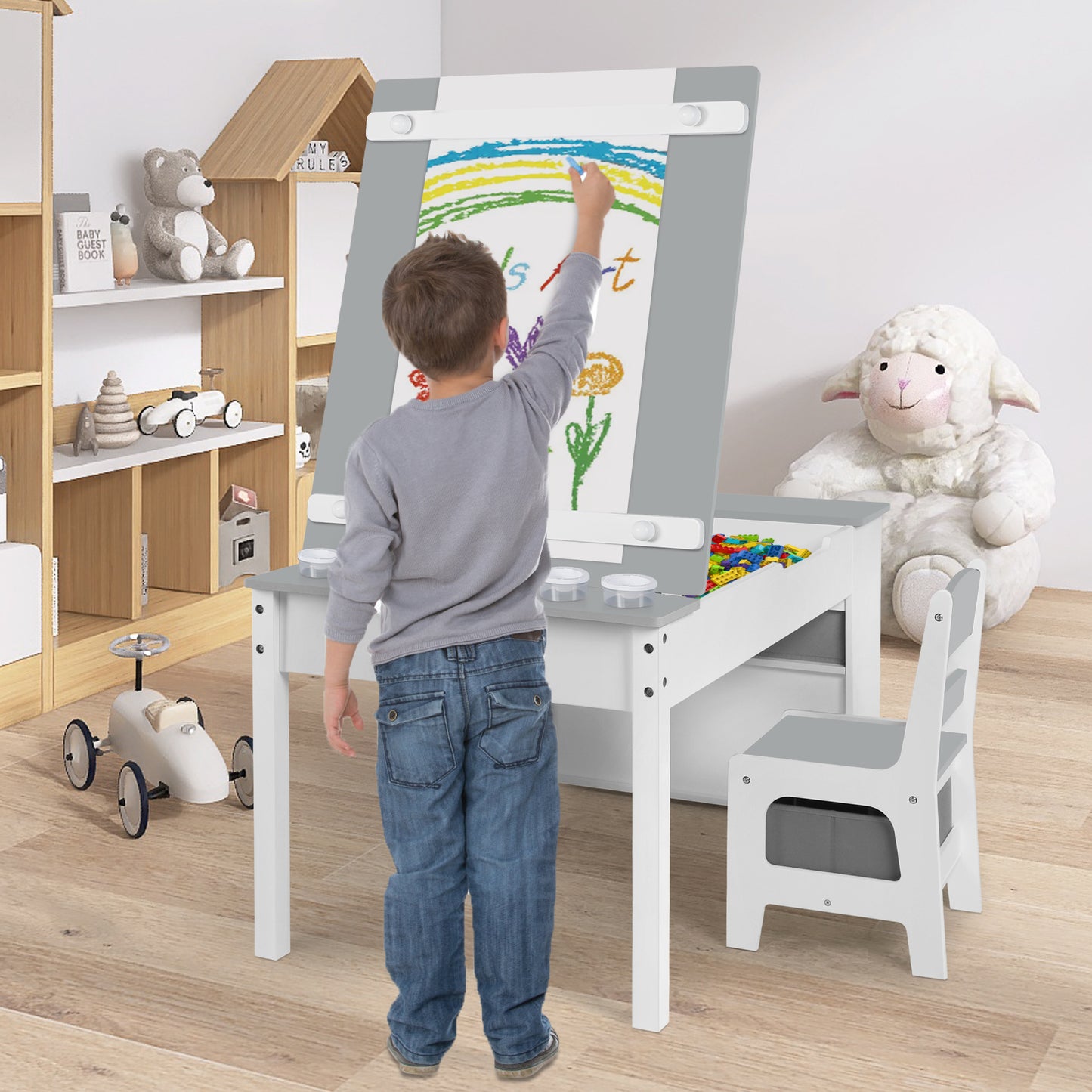 2 in 1 Kids Art Table and Chair Set, Toddler Art Easel & Craft Activity Desk w/ Paper Roll, Grey