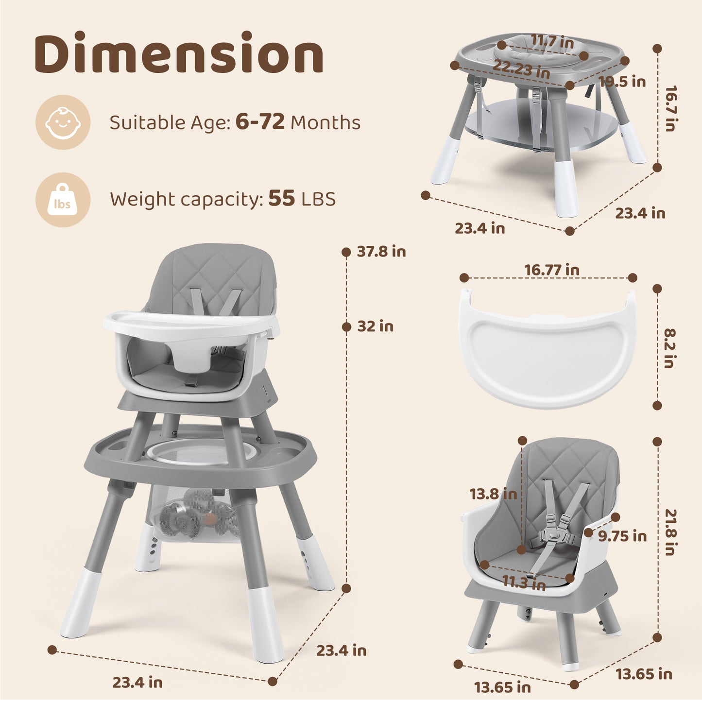AILEEKISS 15 in 1 Baby High Chair, Toddler Dining Booster Seat w/Activity Center, Grey