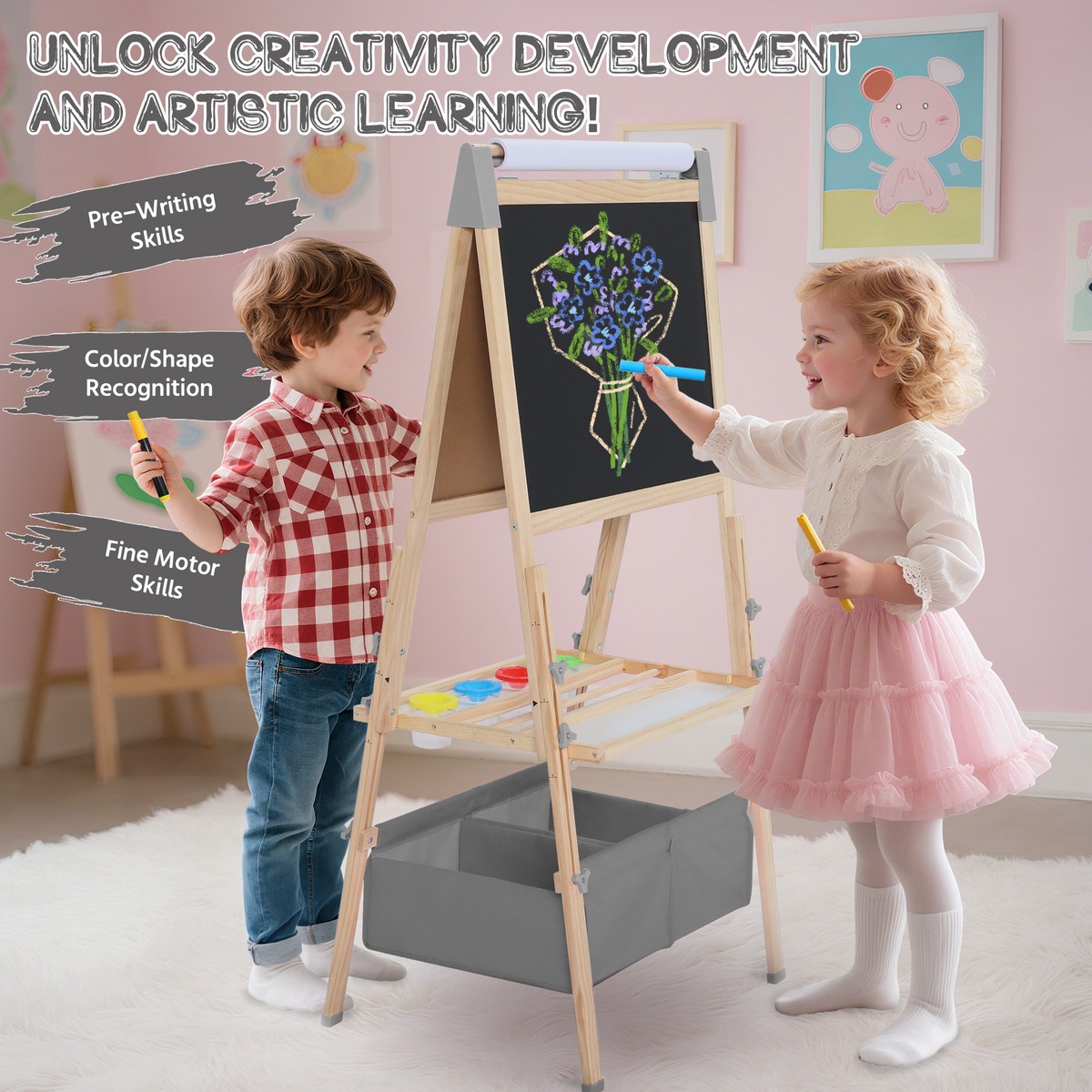 AILEEKISS Kids Art Easel Double-Sided Art Easel with Whiteboard and Chalkboard for Painting, Grey