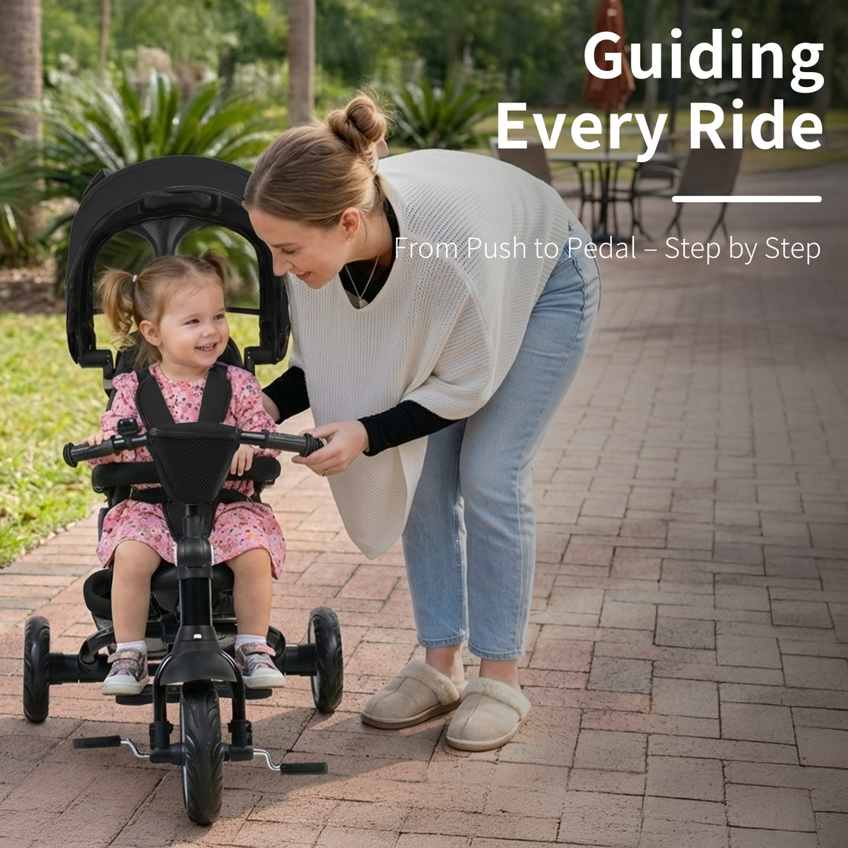 AILEEKISS 7-in-1 Kids' Tricycle with Push Handle, Foldable Trike Bicycles for Kids 1-5 Years, Black