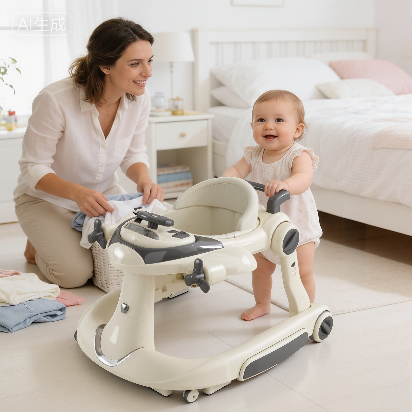 AILEEKISS 5-in-1 Musical Baby Walker with Wheels, Foldable Baby Walker for Boys Girls, Beige