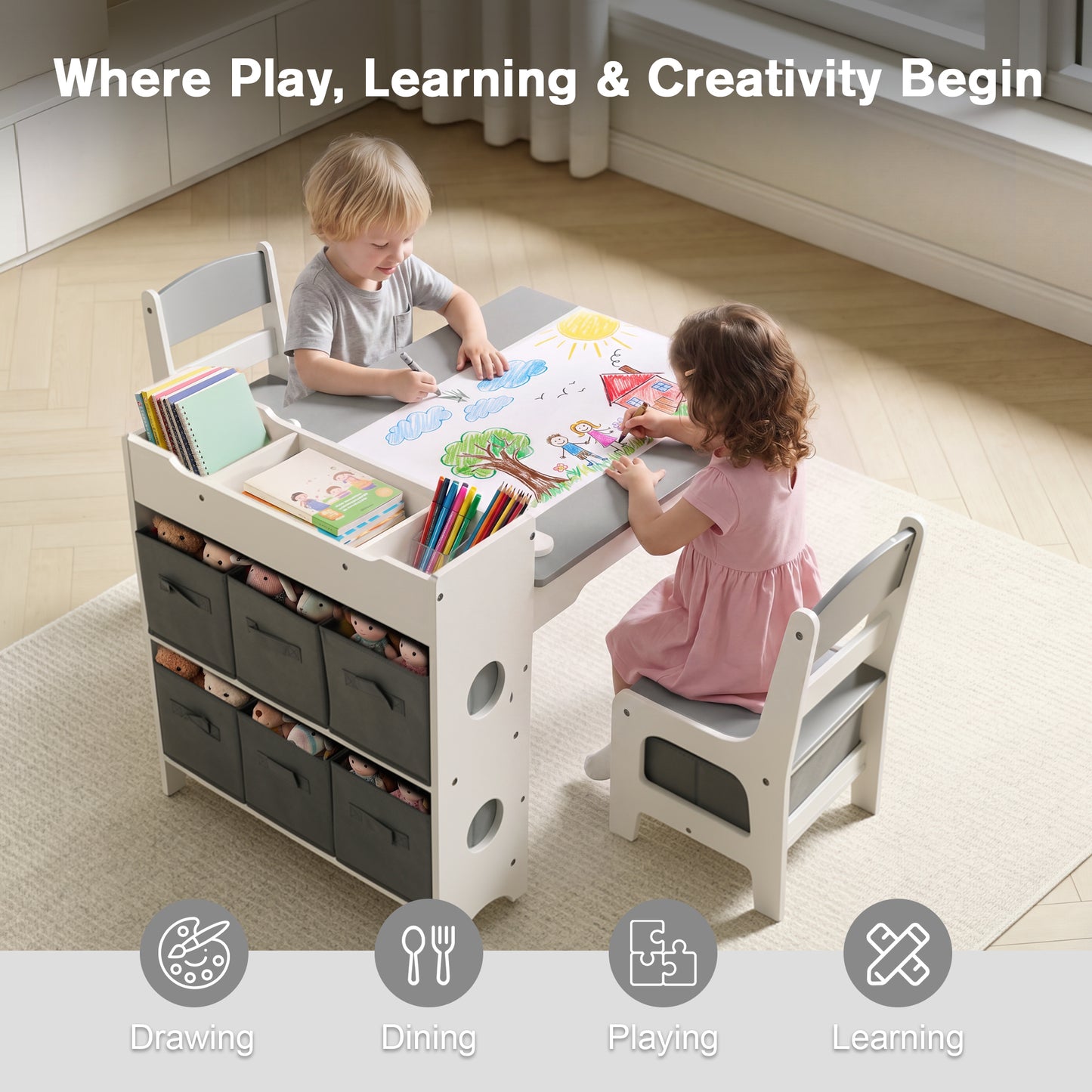 LINLUX Kids Art Table w/Easel, Kids Craft Table & Chair Set for Drawing, Child Activity Table, Grey