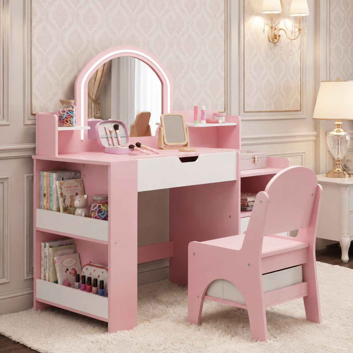AILEEKISS Vanity Table Set with Flip Desktop, Pretend Play Makeup Table with Drawers, Pink